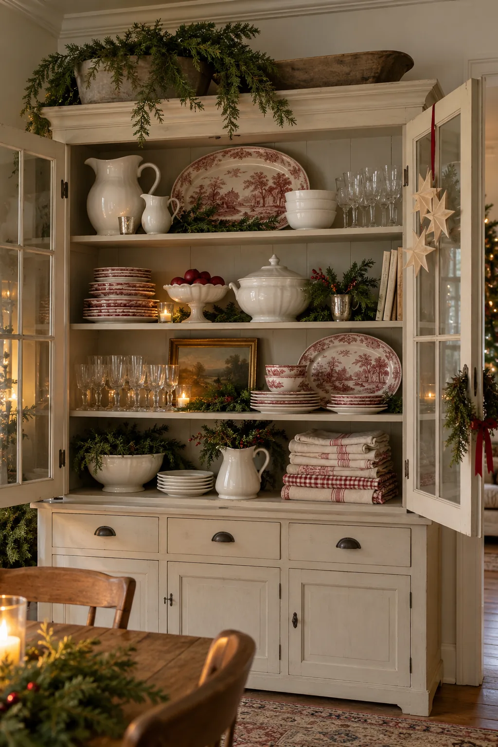 Mix Holiday Dishes Into an Everyday Hutch in a warm Nancy Meyers-inspired Christmas home