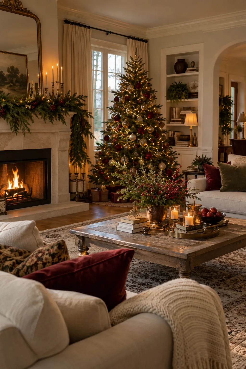 Let Burgundy and Green Carry the Palette in a warm Nancy Meyers-inspired Christmas home