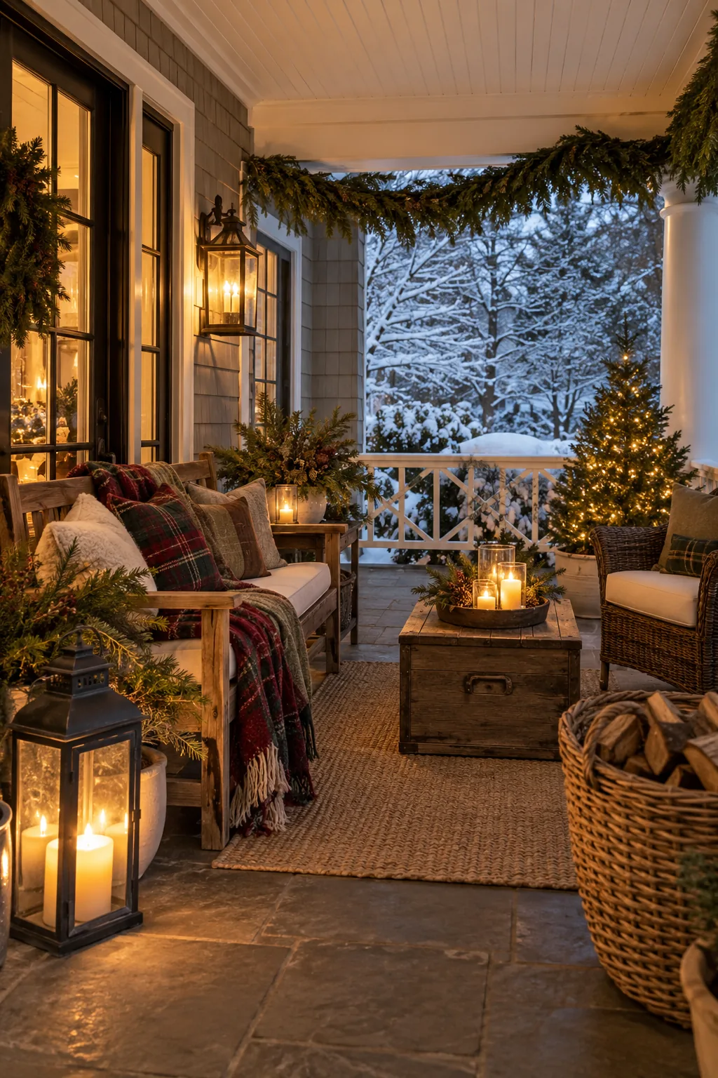 Make a Covered Porch Feel Inviting in a warm Nancy Meyers-inspired Christmas home