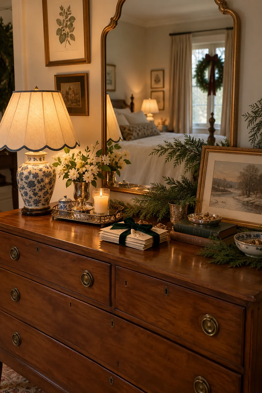 Style a Dresser With Quiet Seasonal Layers in a warm Nancy Meyers-inspired Christmas home