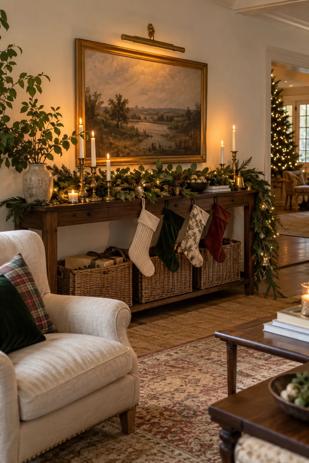 Create a Mantel Moment Without a Fireplace in a warm Nancy Meyers-inspired Christmas home