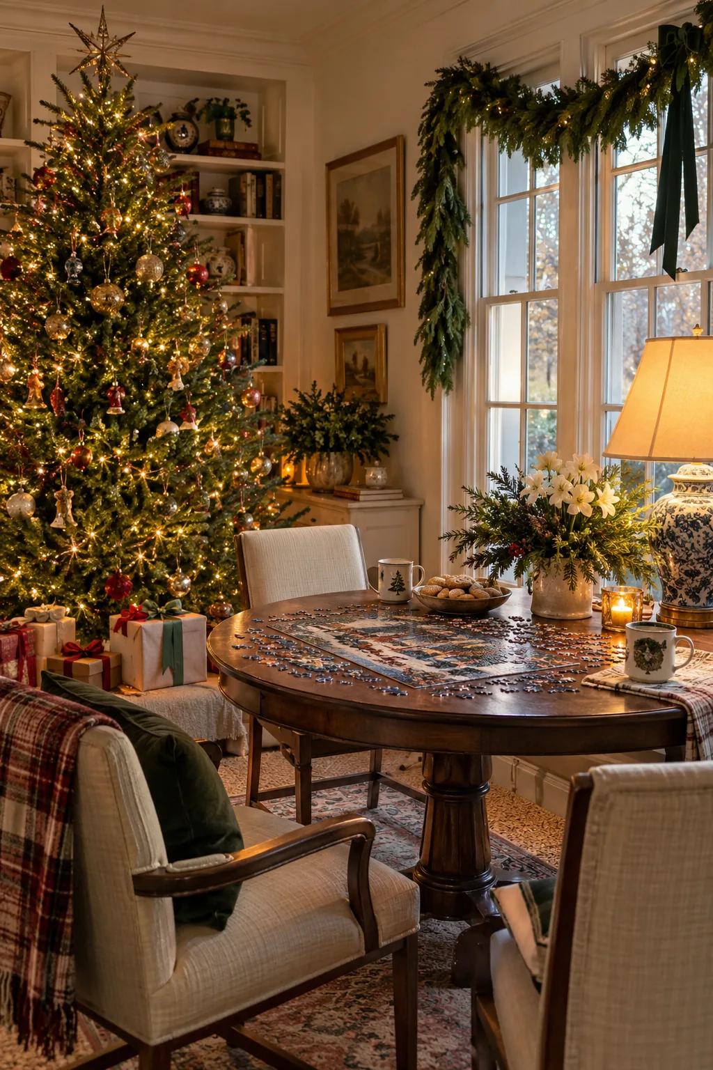 Leave a Puzzle Ready Beside the Tree in a warm Nancy Meyers-inspired Christmas home