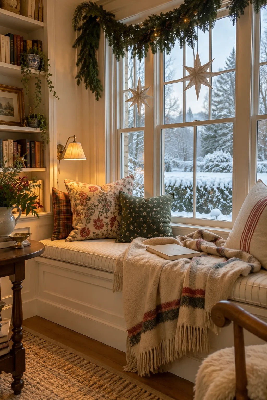 Turn a Window Seat Into a Winter Nest in a warm Nancy Meyers-inspired Christmas home