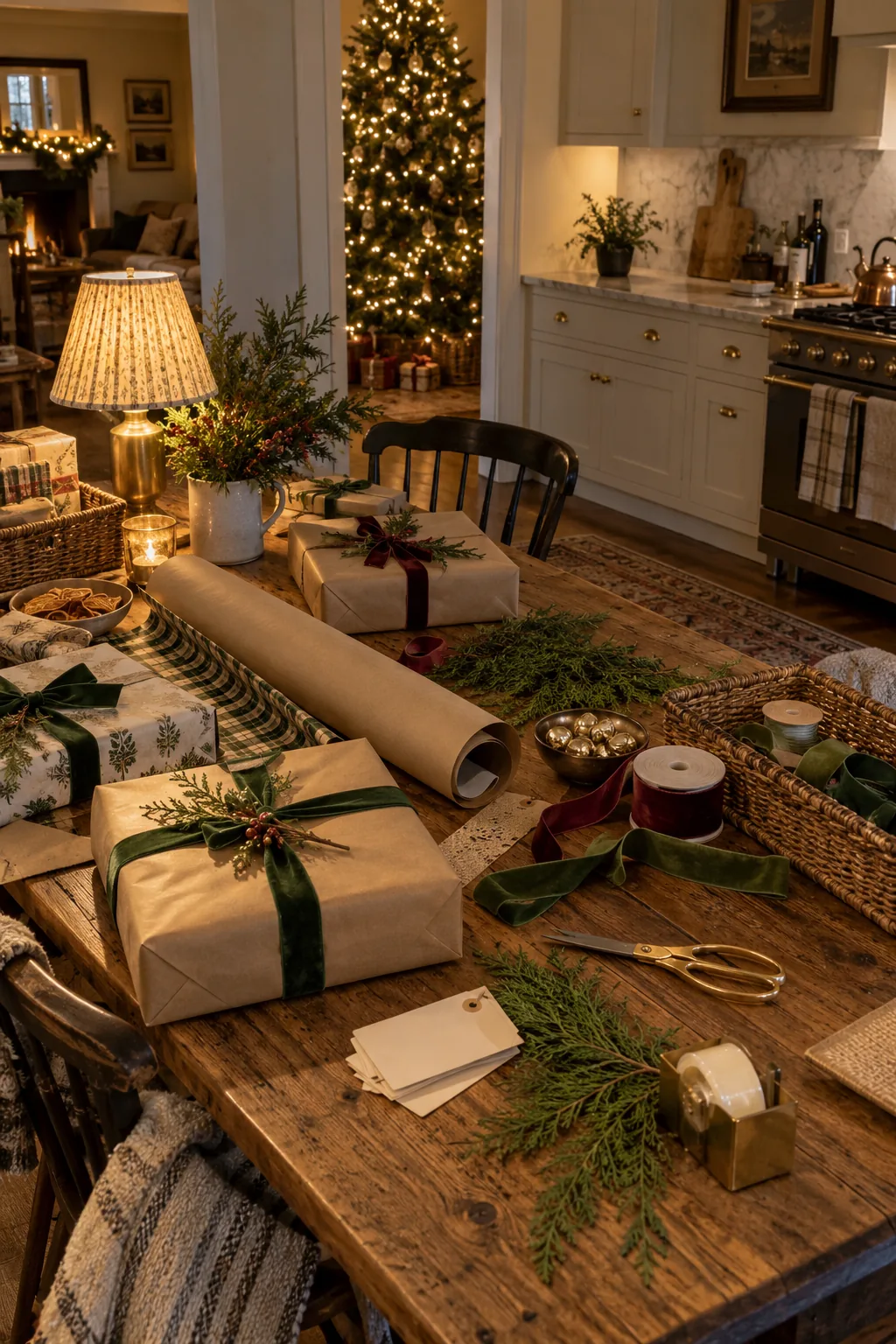 Keep a Handmade Wrapping Station Ready in a warm Nancy Meyers-inspired Christmas home