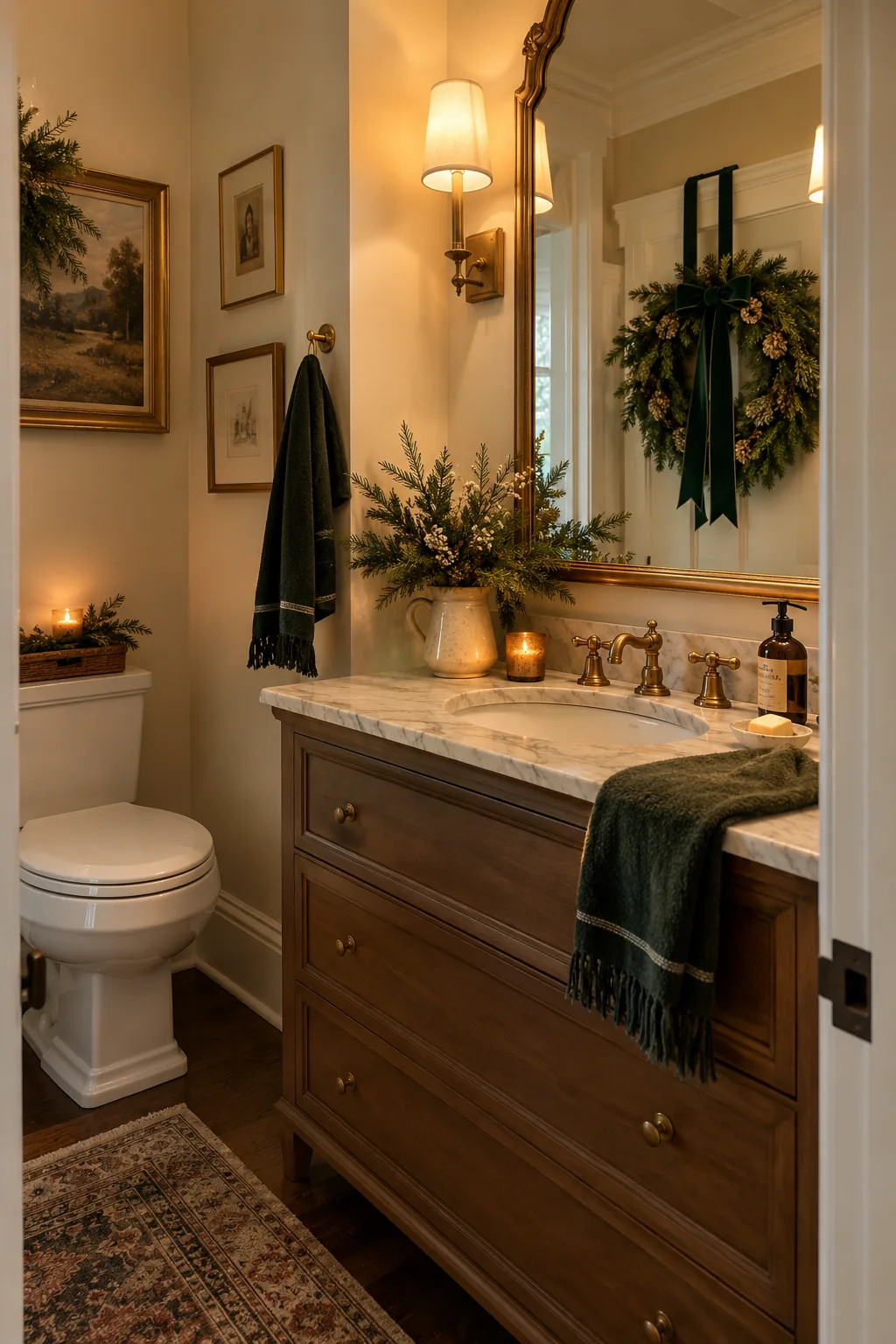 Add One Elegant Note to the Powder Room in a warm Nancy Meyers-inspired Christmas home