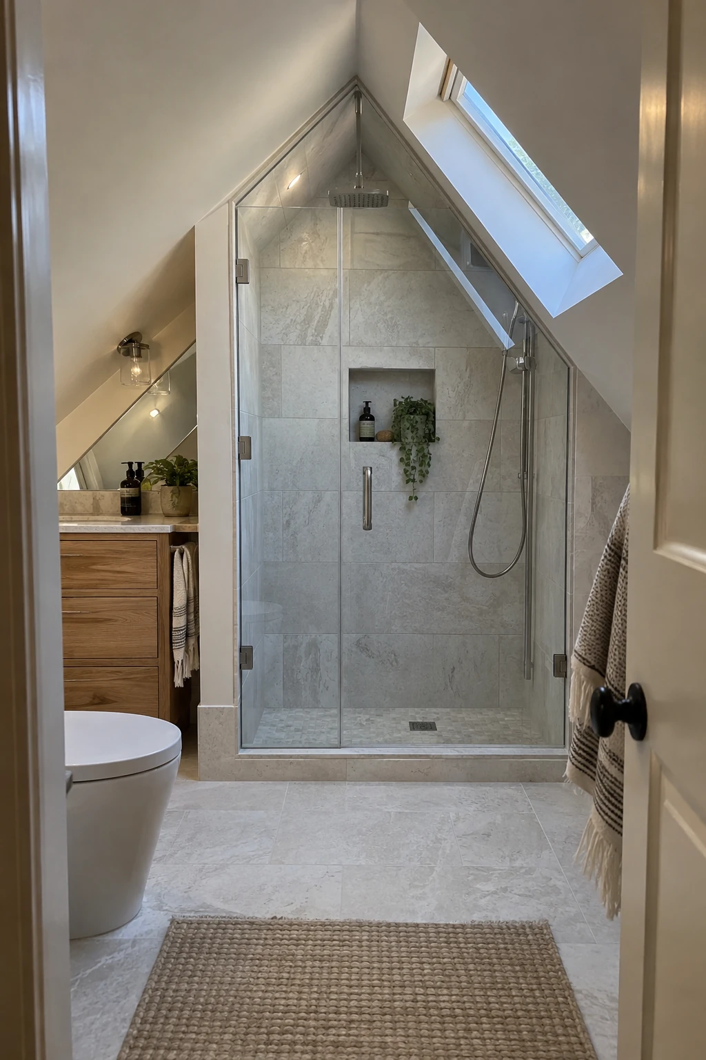 Attic bathroom with a glass shower centered beneath the full-height roof ridge