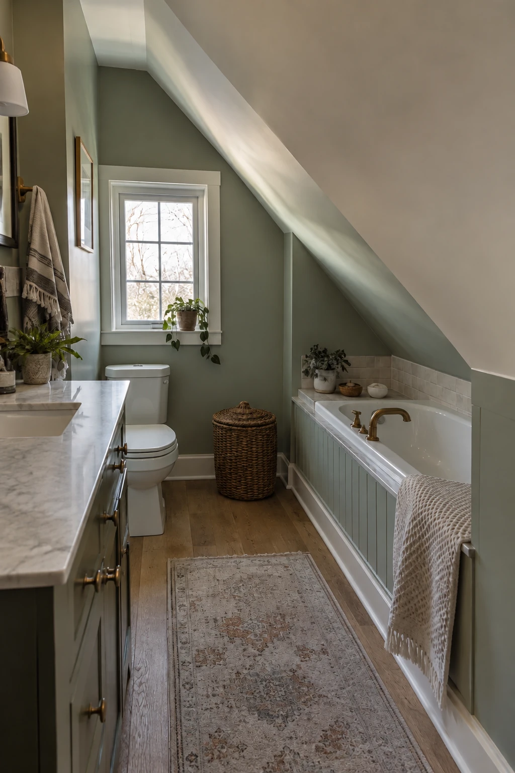 Compact attic bathroom with a bathtub tucked beneath a low sloped ceiling