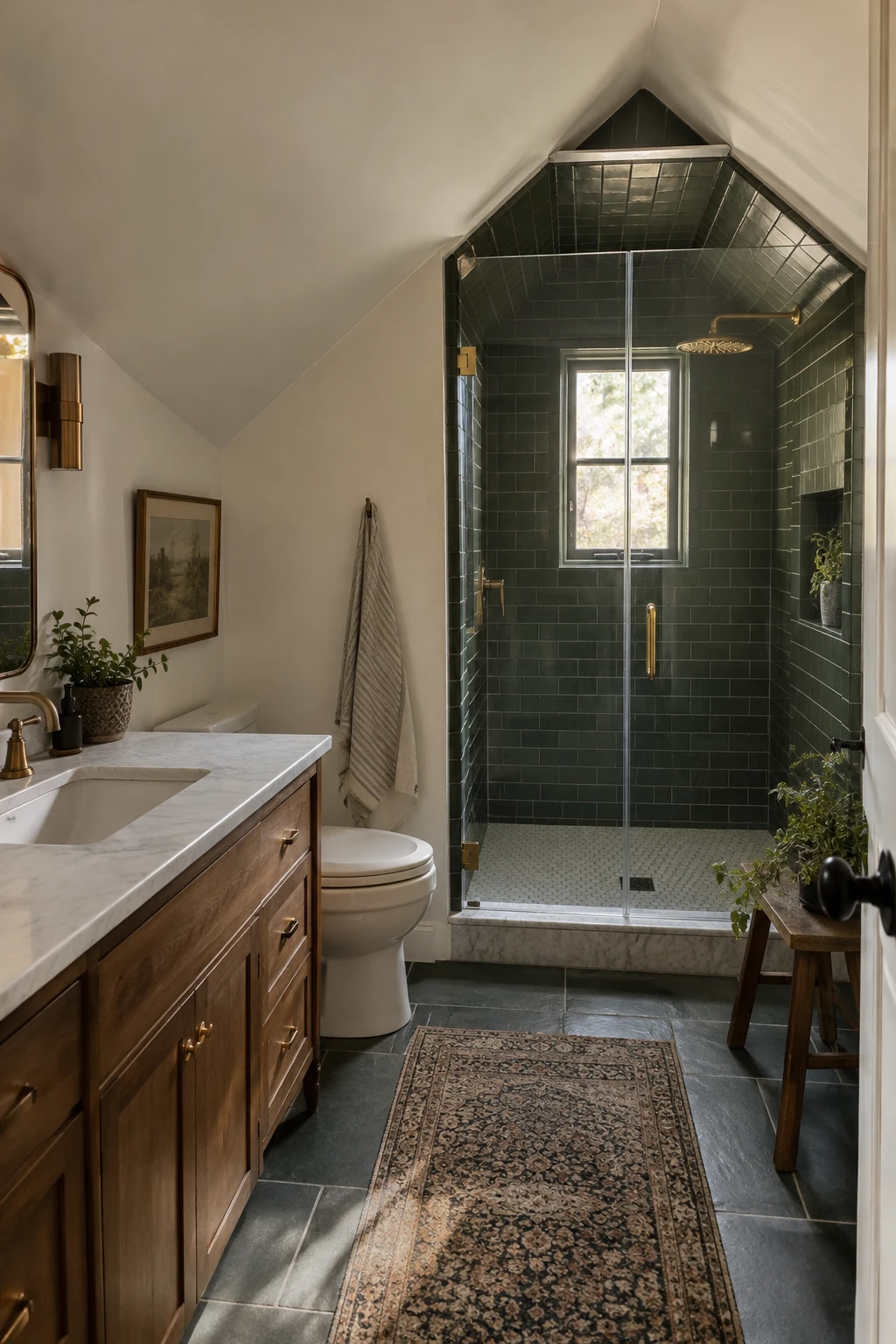 Attic shower built inside a bright dormer with vertical walls