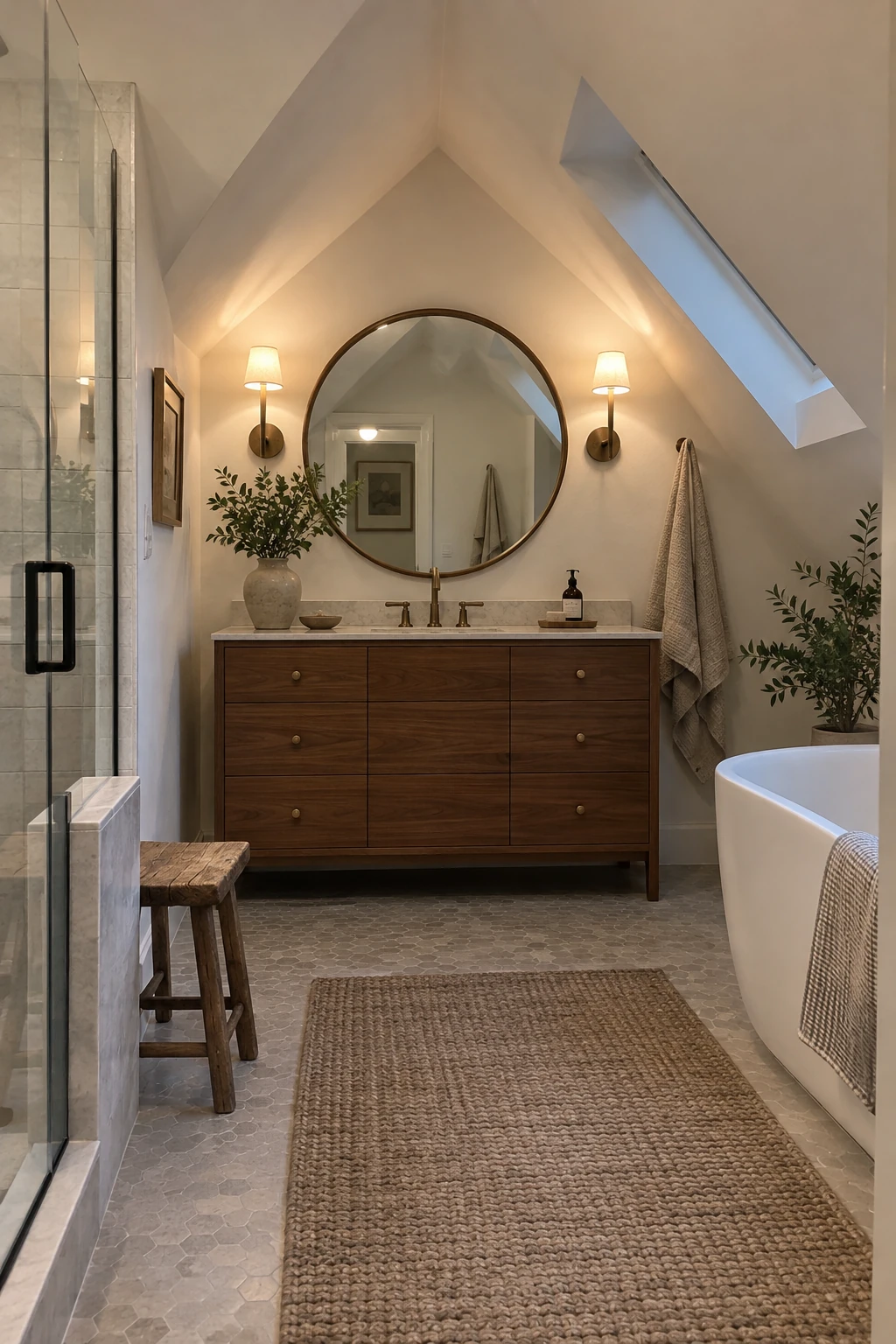Attic vanity and mirror centered on a full-height gable wall