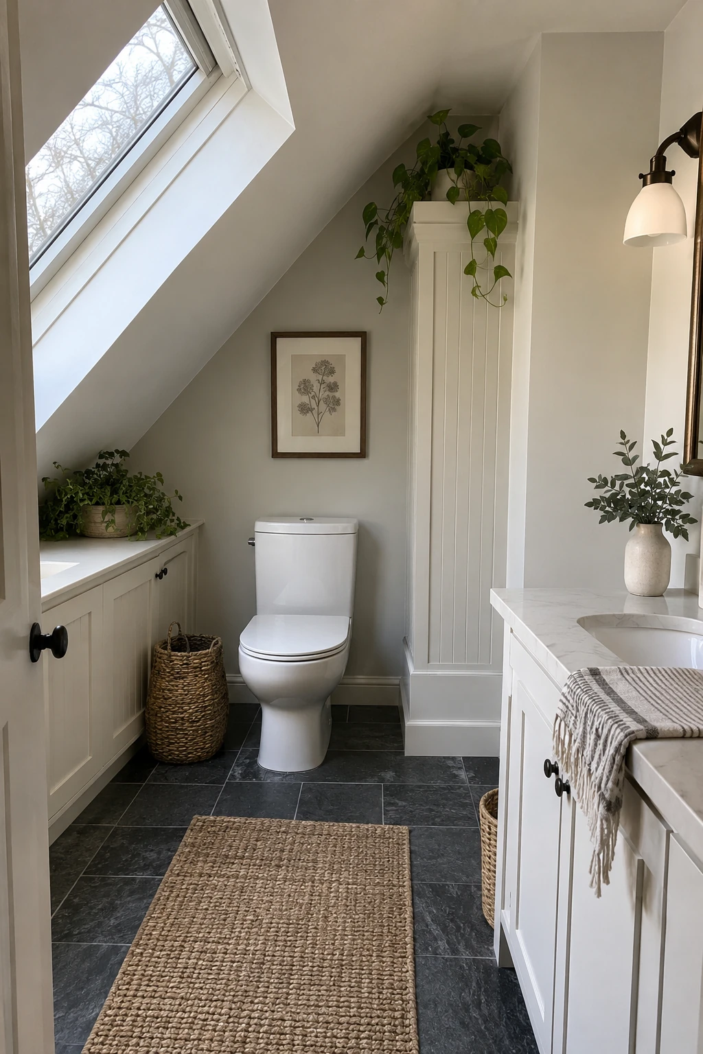 Attic bathroom toilet placed beside a discreet boxed plumbing stack