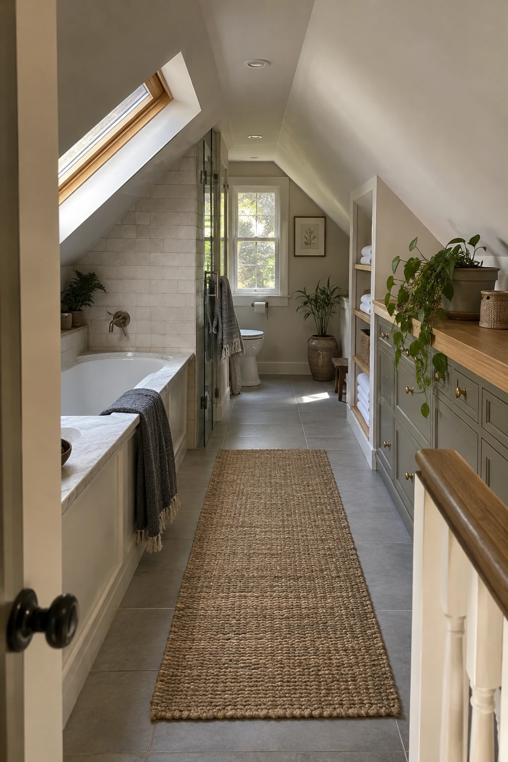 Narrow attic bathroom with a clear full-height center aisle