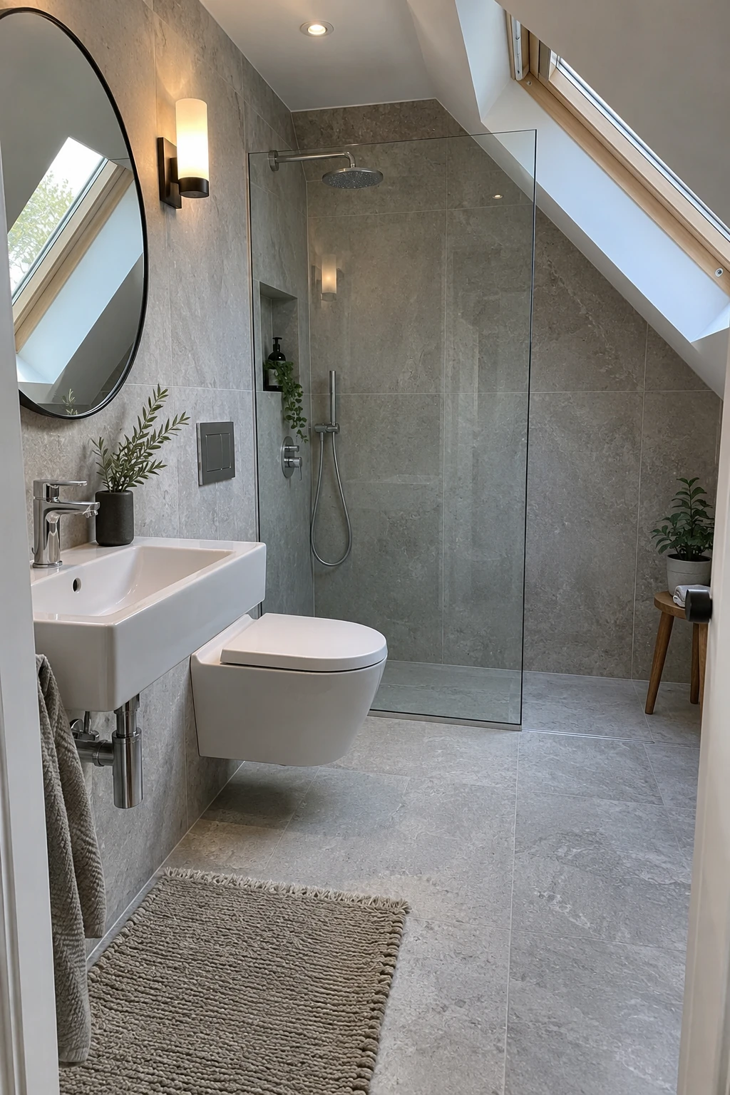Small attic wet room with a continuous waterproof floor and glass screen
