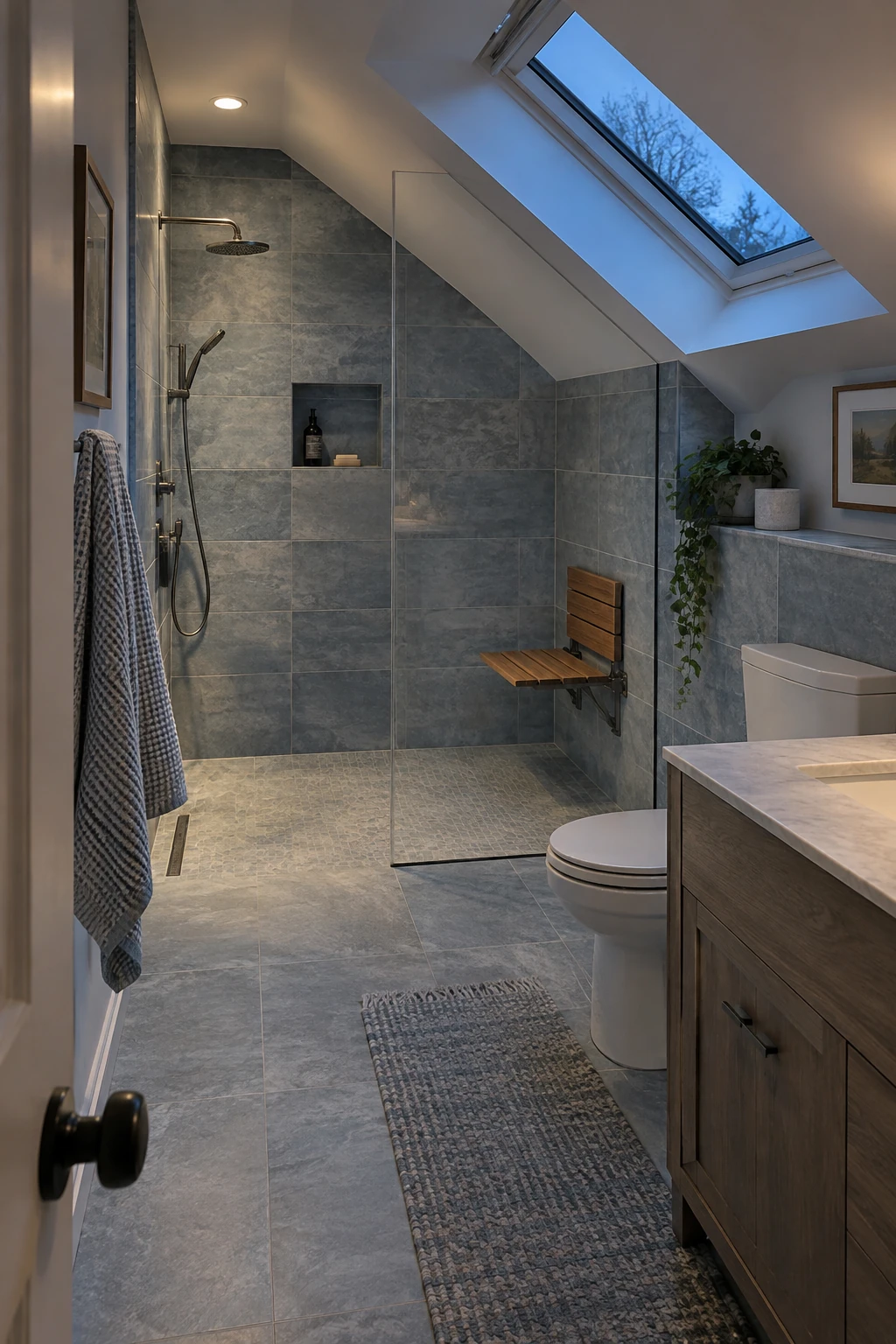 Attic bathroom with a low-threshold shower and clear approach