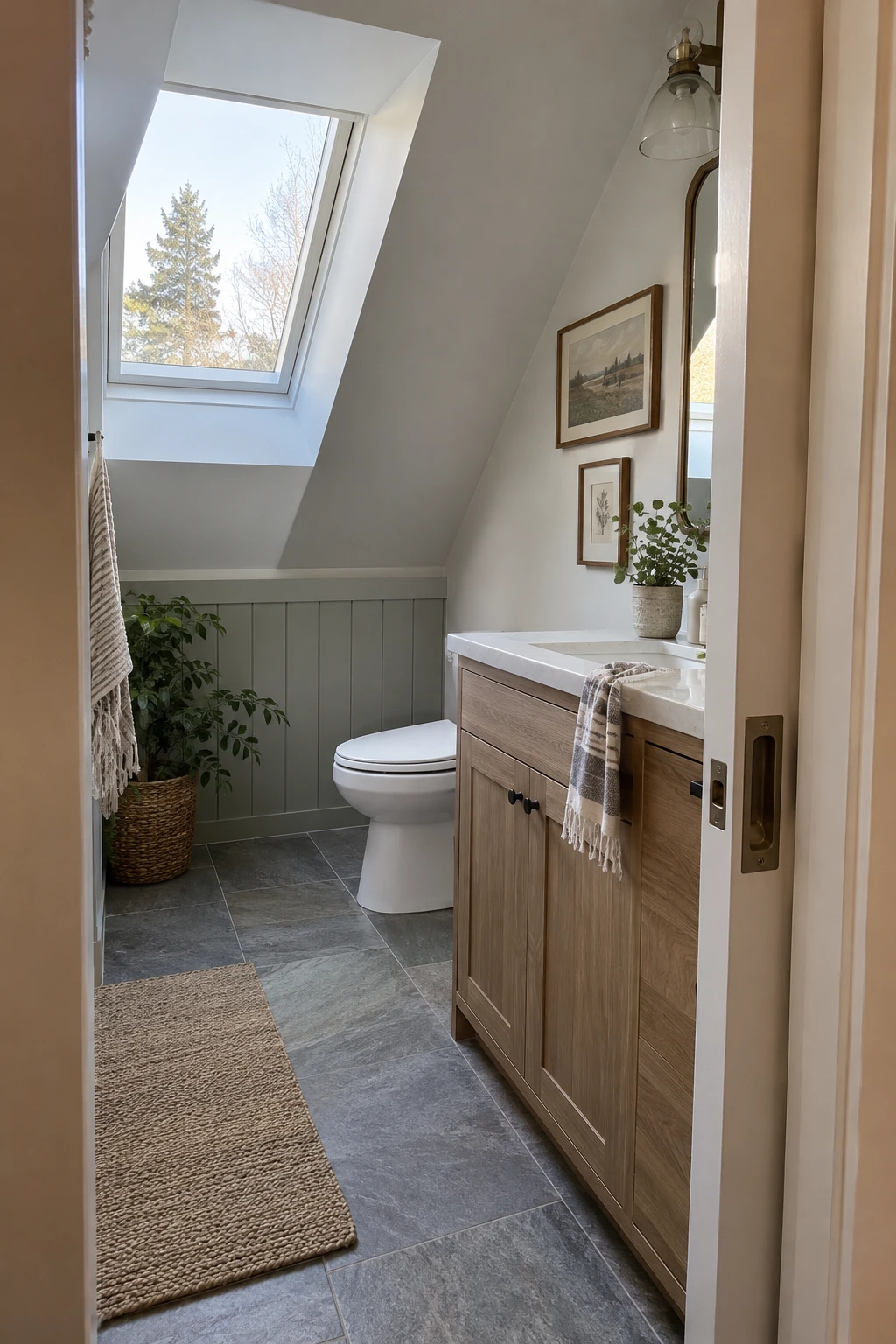 Attic bathroom with a pocket door opening beside a compact vanity