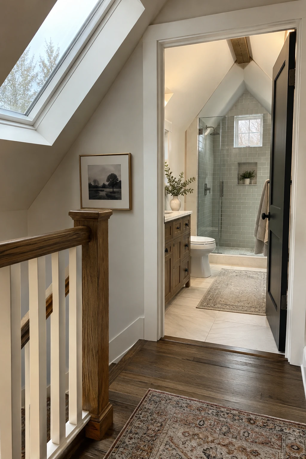 Finished attic bathroom entrance with a clear stair landing and inward door