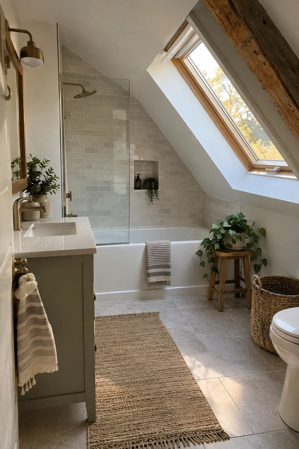 Finished attic bathroom with lightweight porcelain tile and compact fixtures