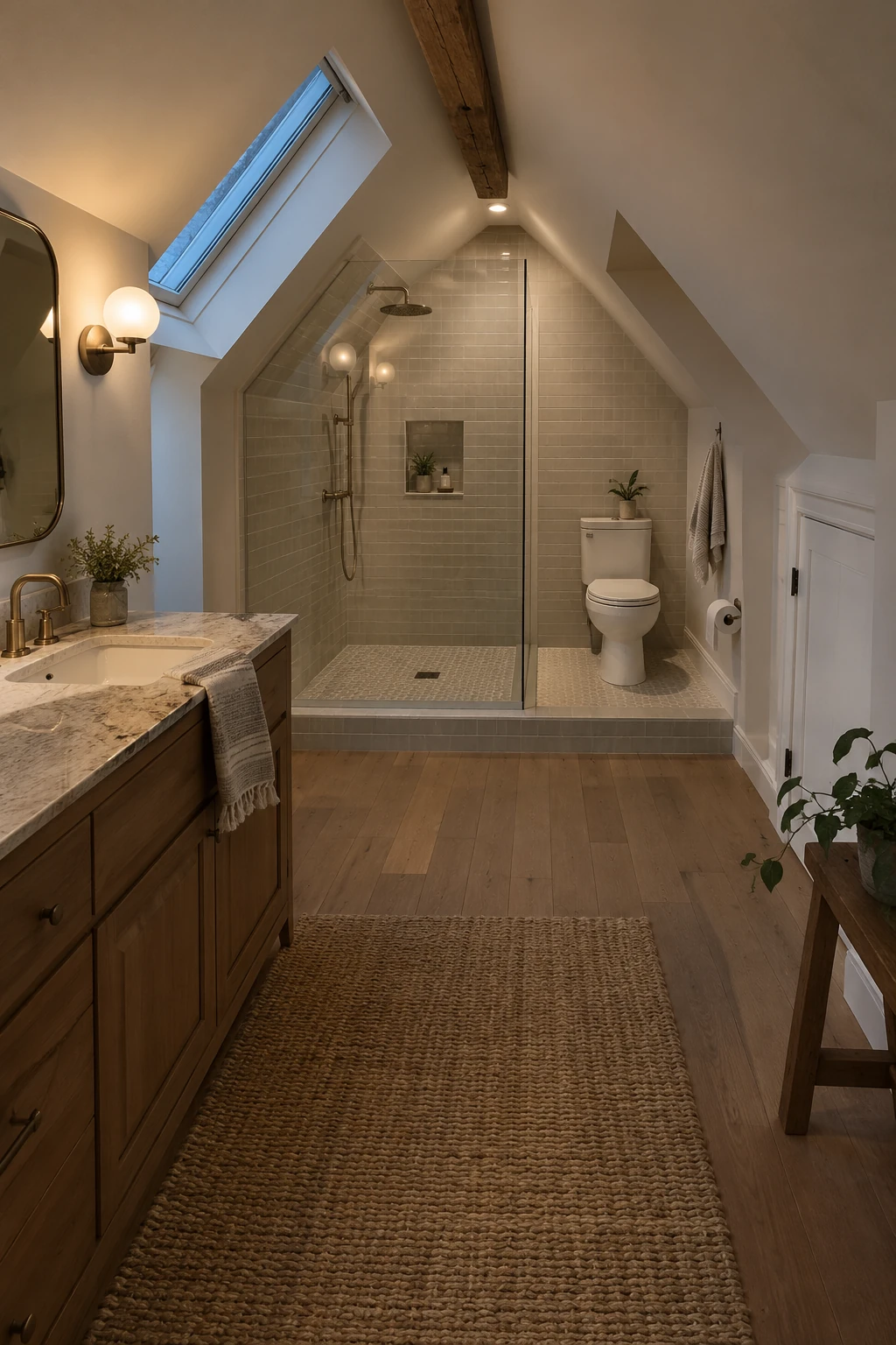 Attic bathroom arranged around a compact raised service platform for drainage