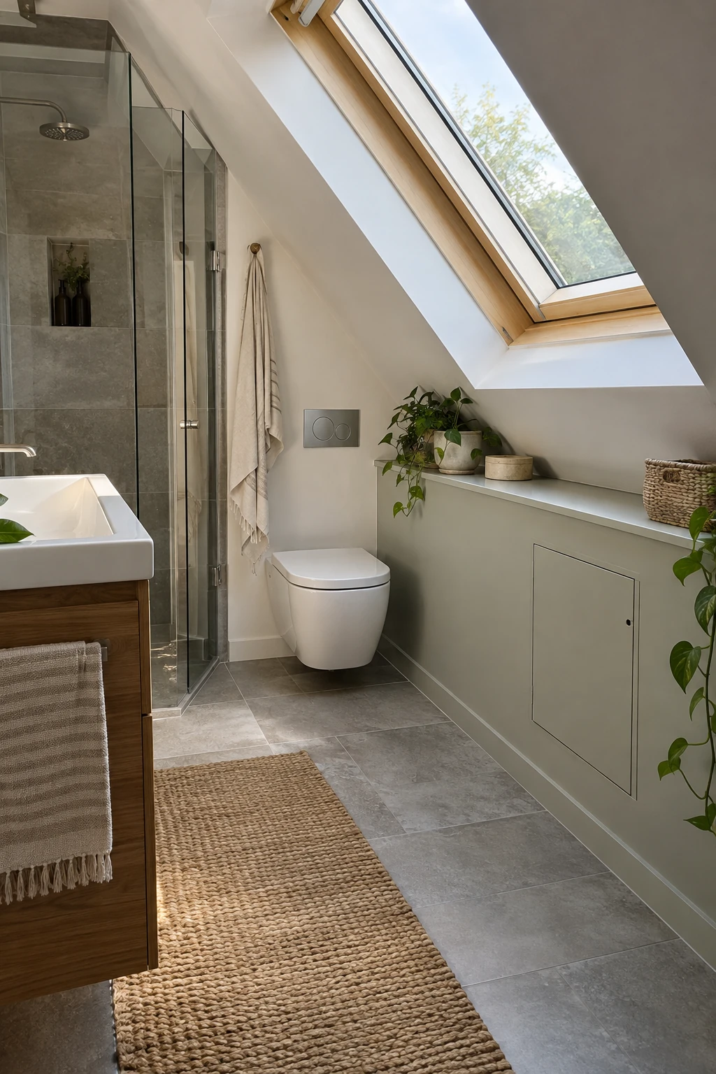 Attic bathroom with a neat knee-wall service chase and access panel