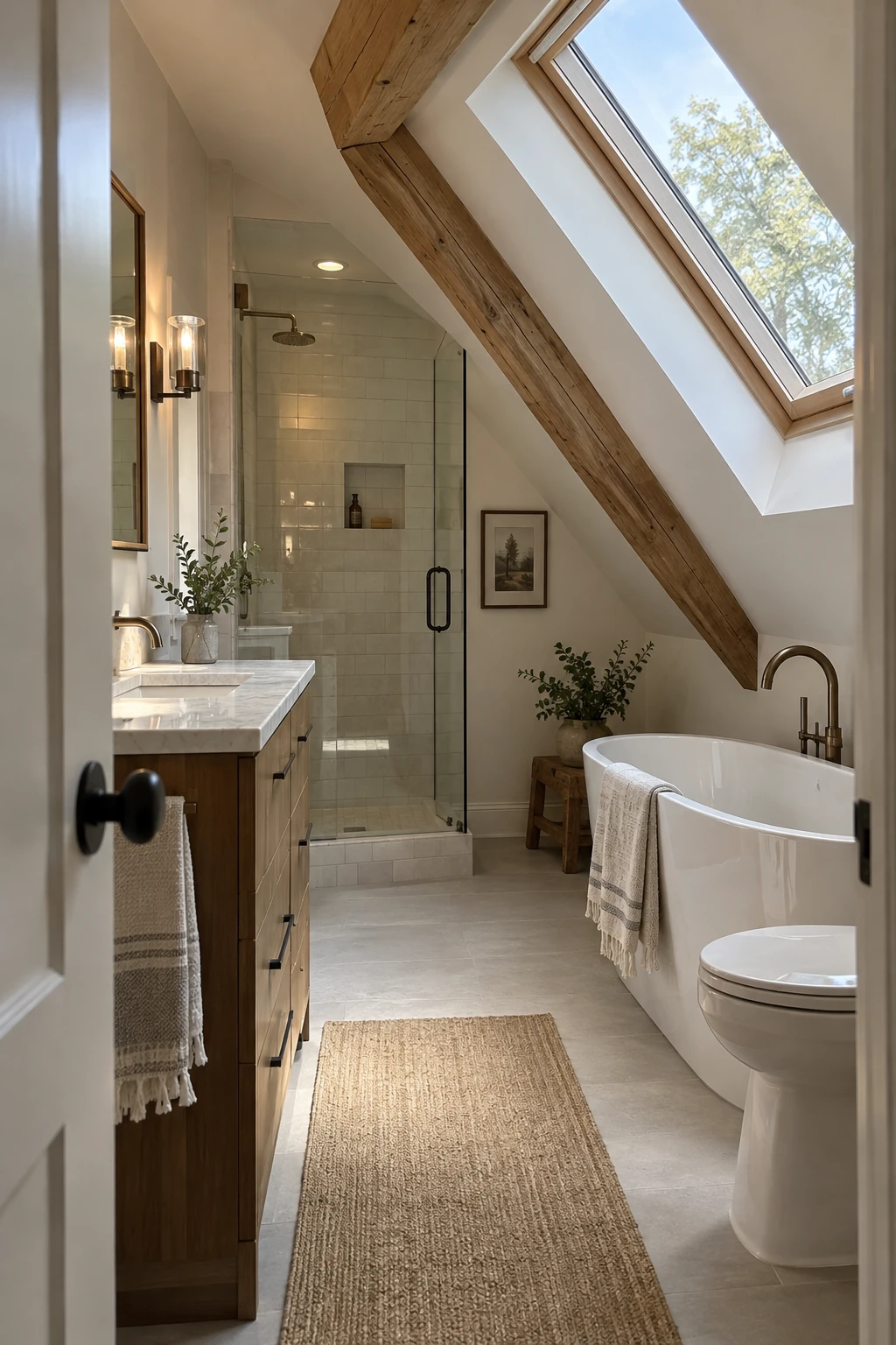 Fresh attic bathroom beneath a clean repaired roof slope and roof window