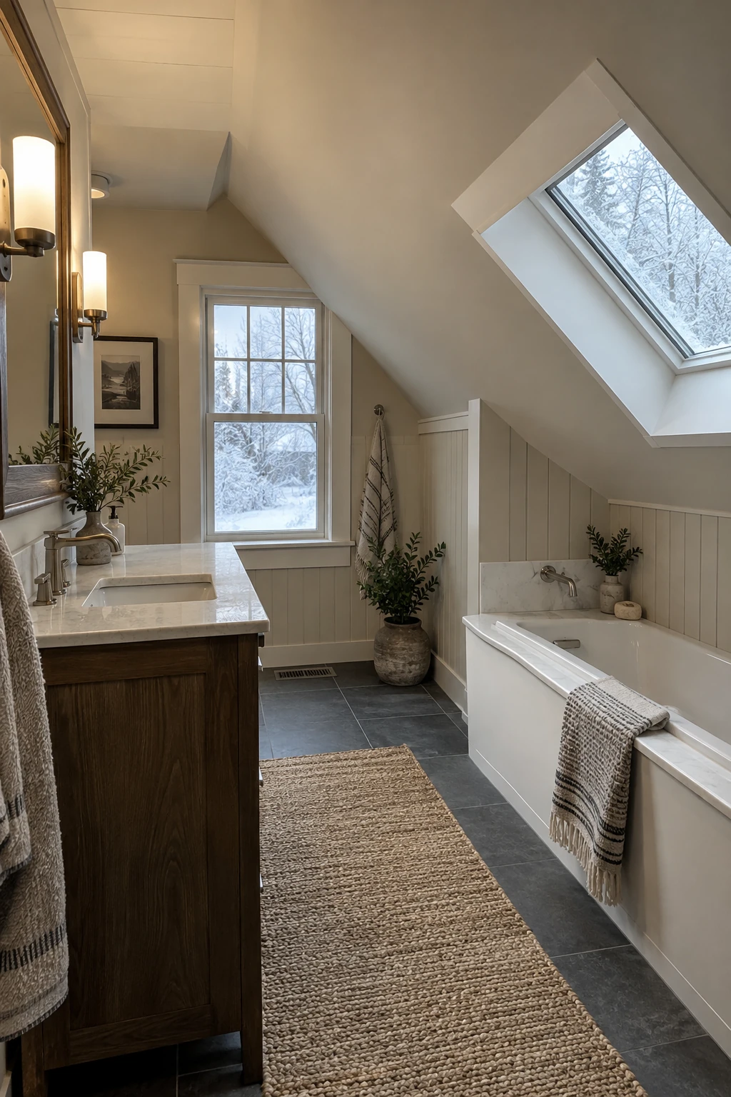 Comfortable attic bathroom with a clean insulated sloped ceiling