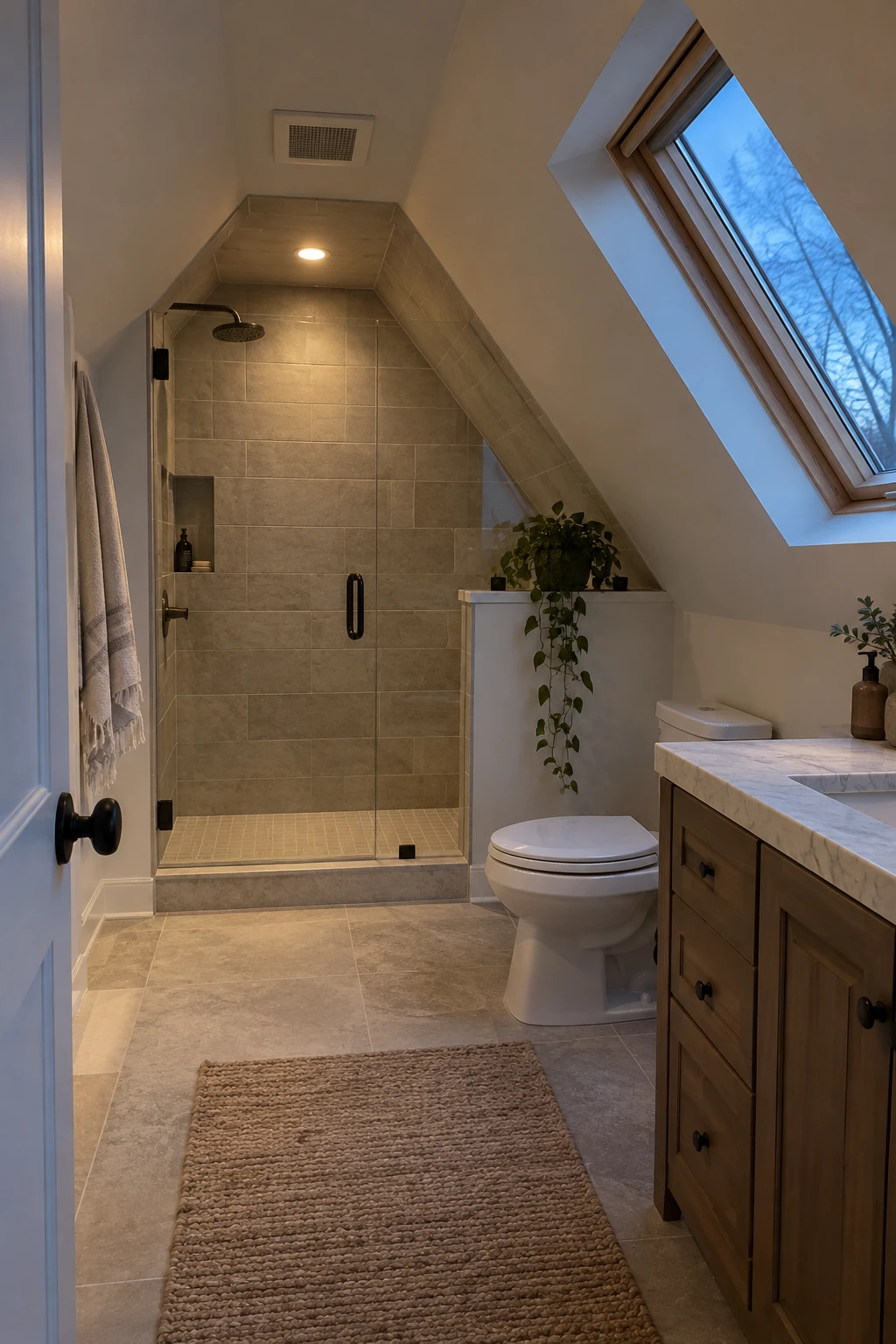 Attic bathroom with a quiet ceiling exhaust grille near the shower