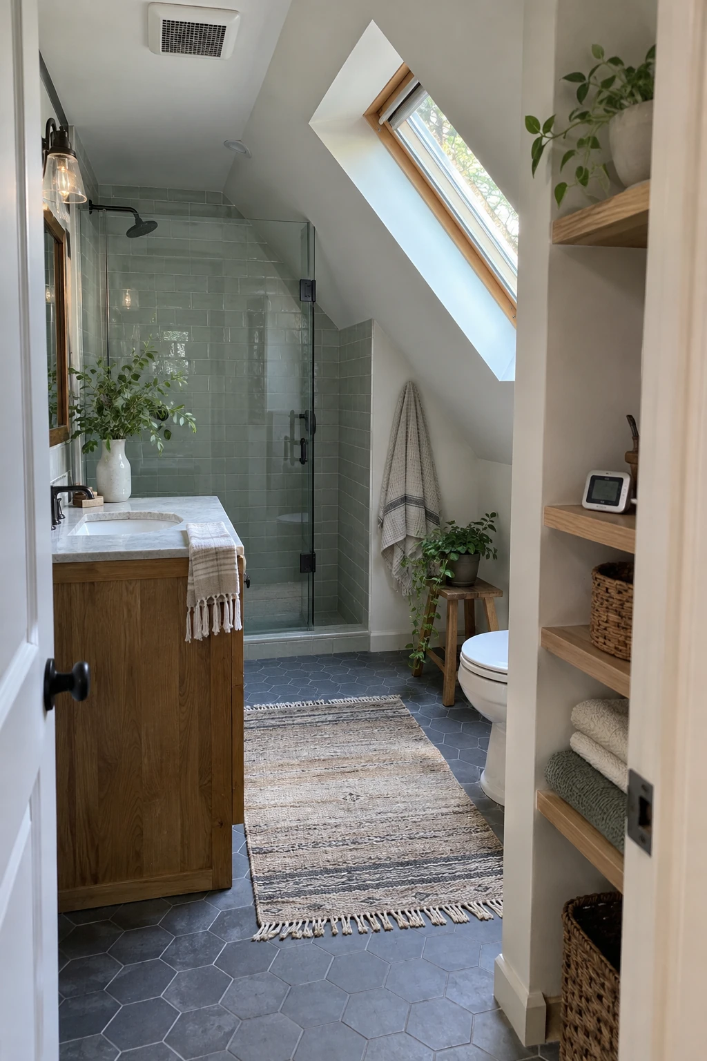 Attic bathroom shelf with a small digital humidity monitor near the door