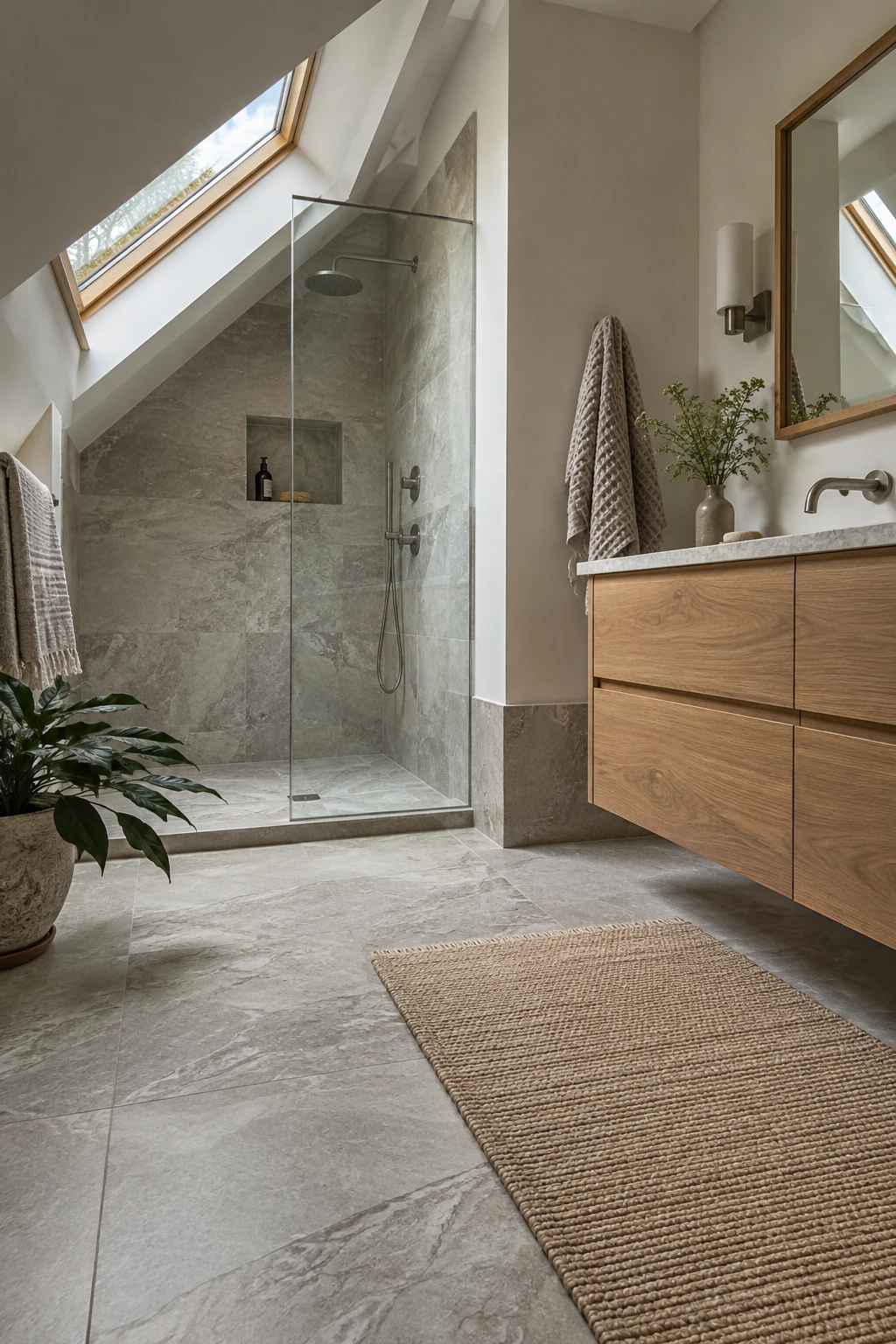 Attic wet room with continuous waterproof tile extending past the shower