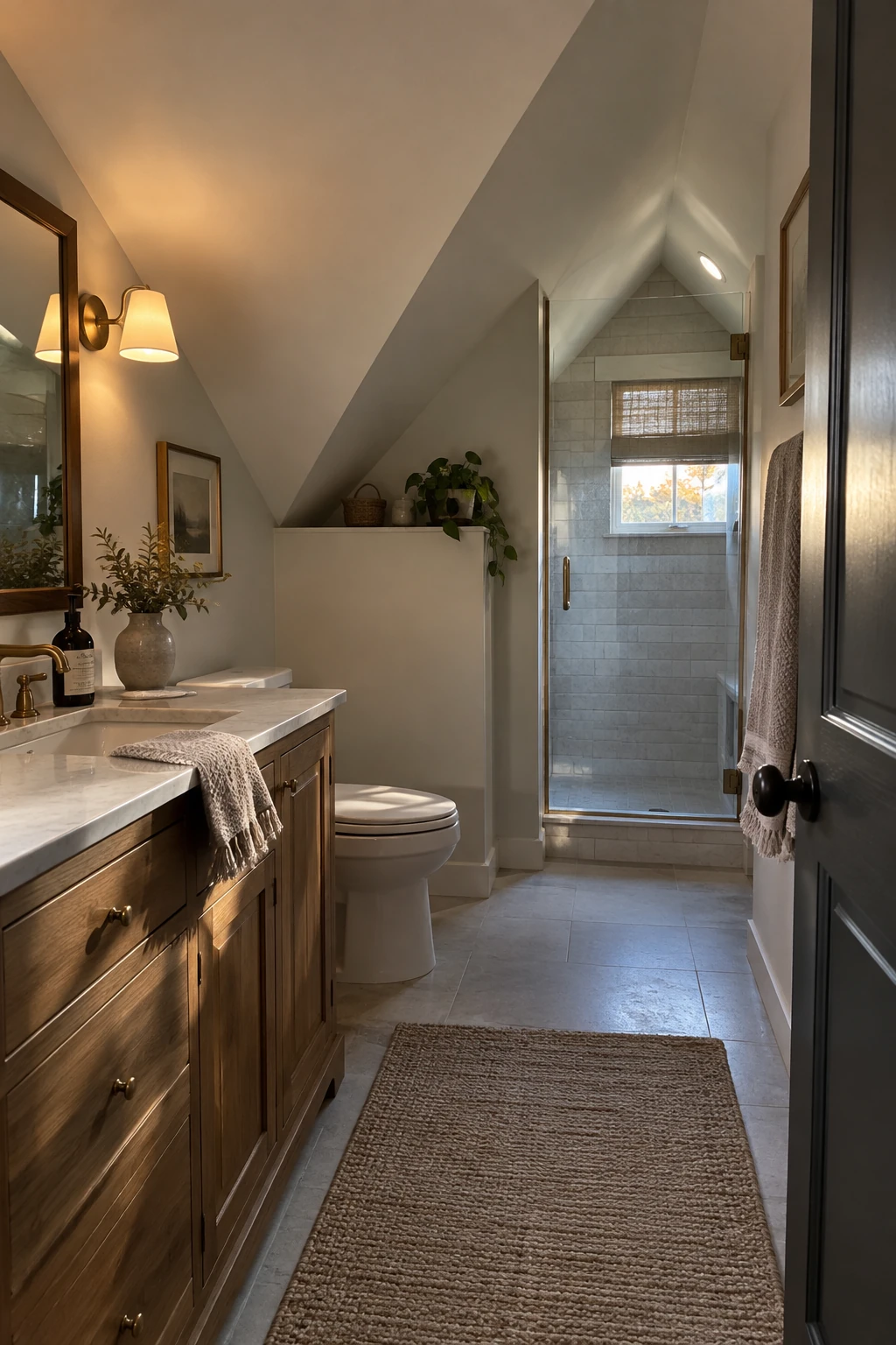 Quiet attic bathroom with upholstered details and enclosed plumbing wall