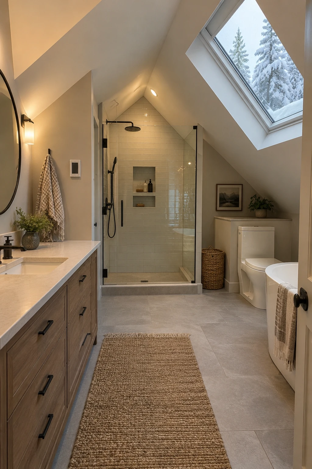Attic bathroom with a warm tiled floor and wall thermostat