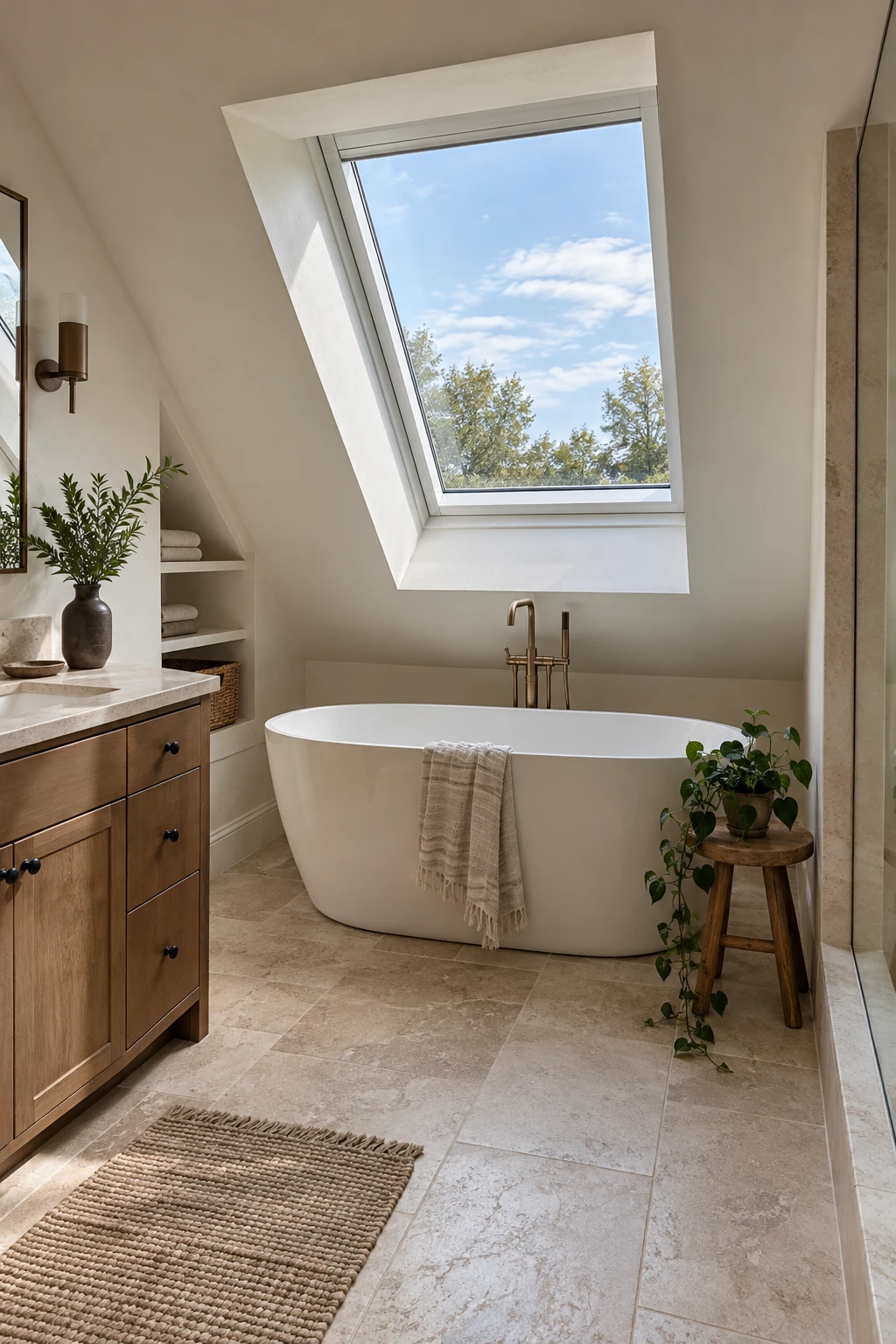 Attic bathtub beneath a large roof window with open sky above