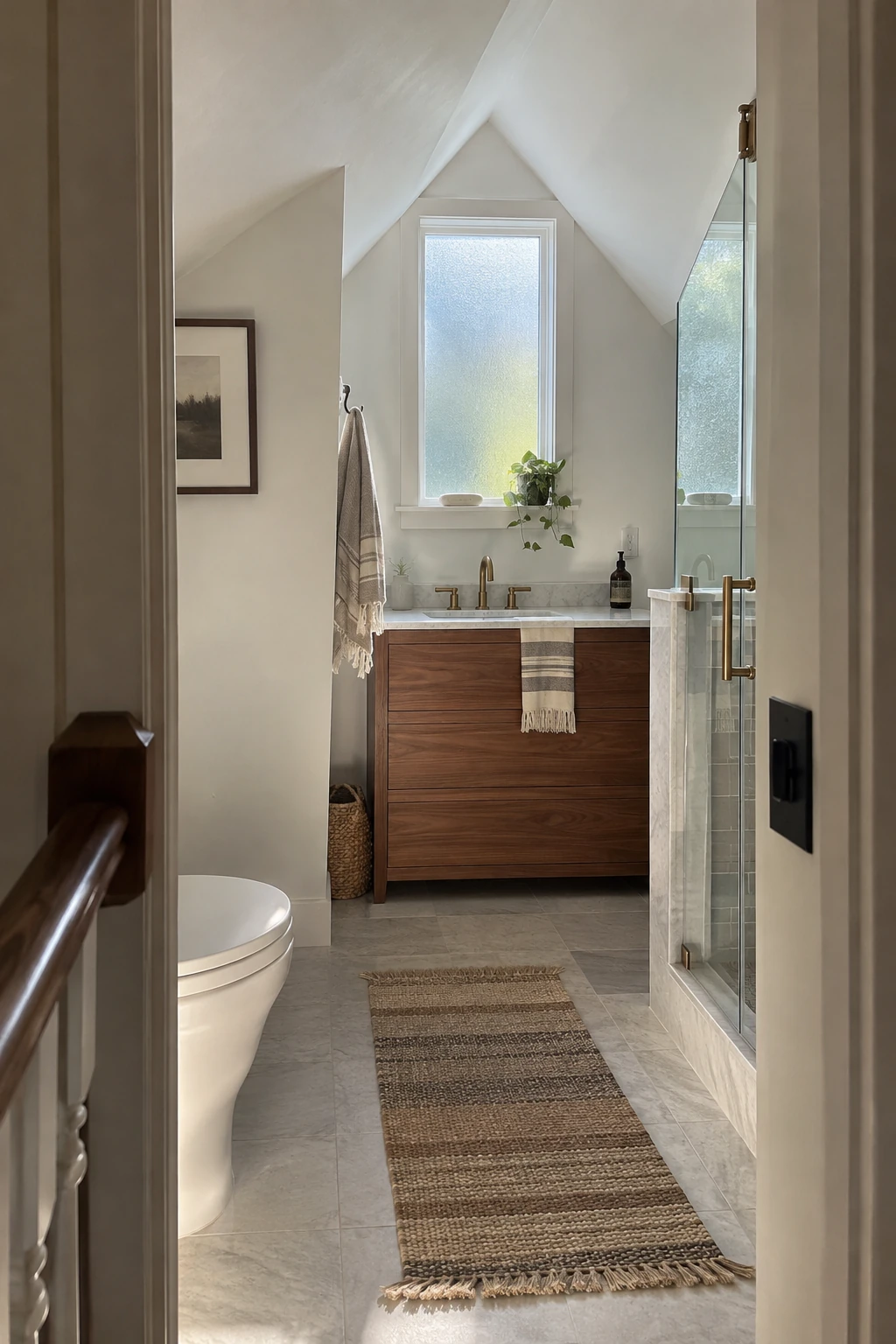 Attic bathroom with a high frosted gable window above the vanity