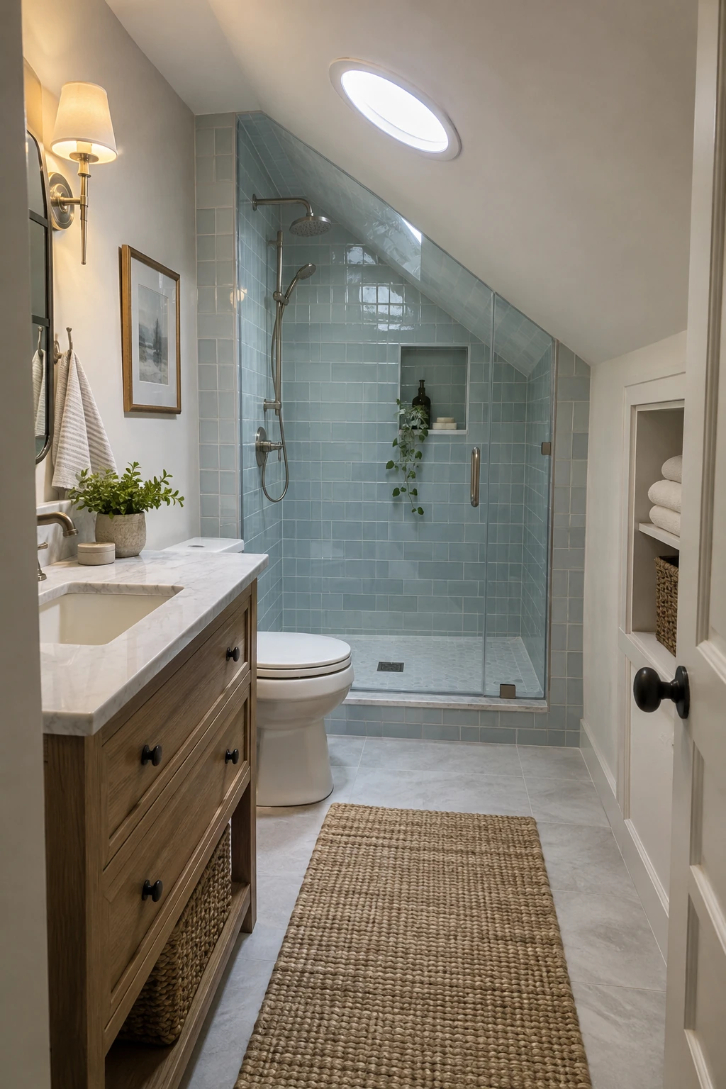Windowless attic bathroom brightened by a round ceiling sun tunnel