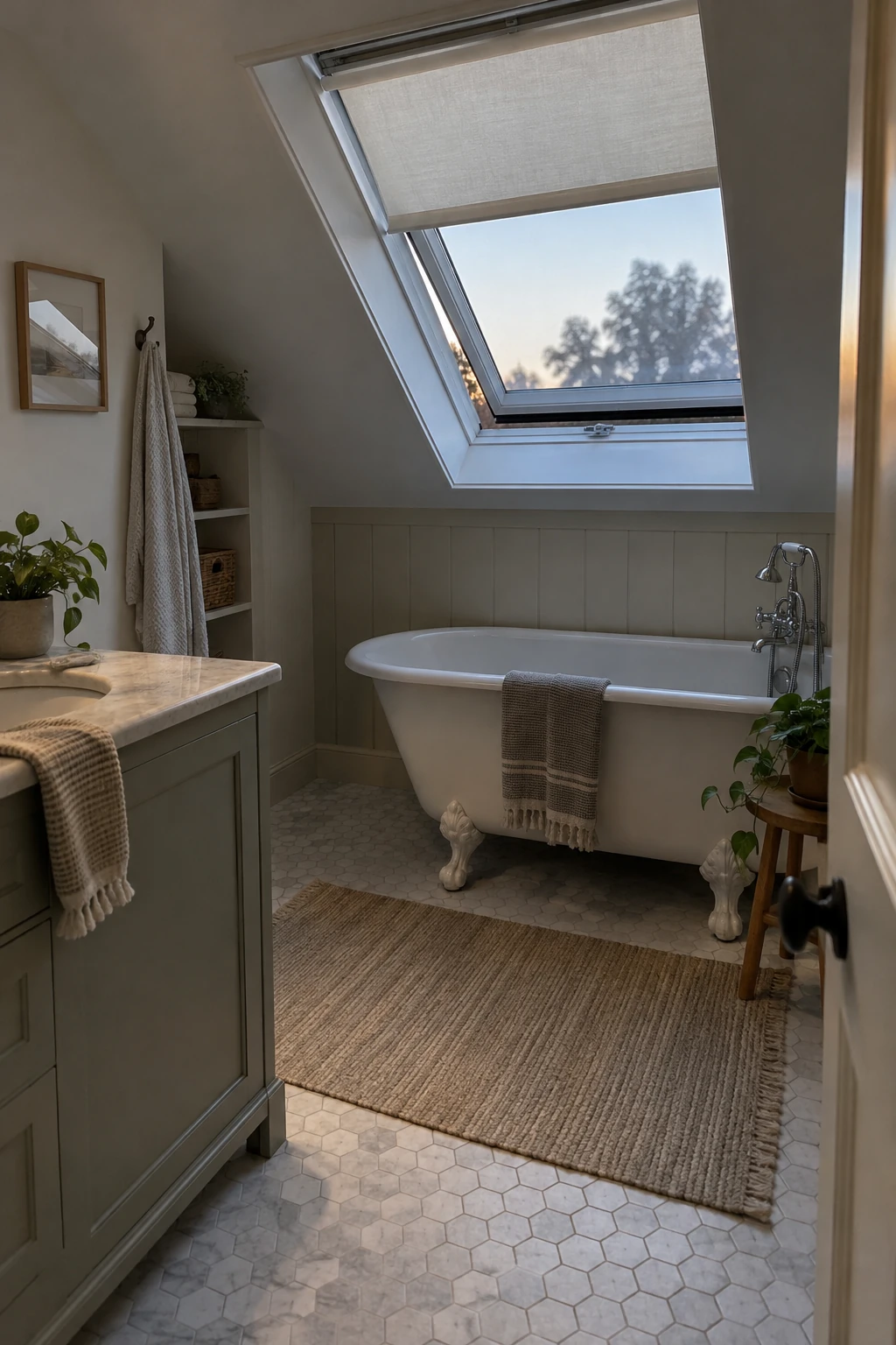 Attic bathroom with an open skylight and fitted moisture-safe shade