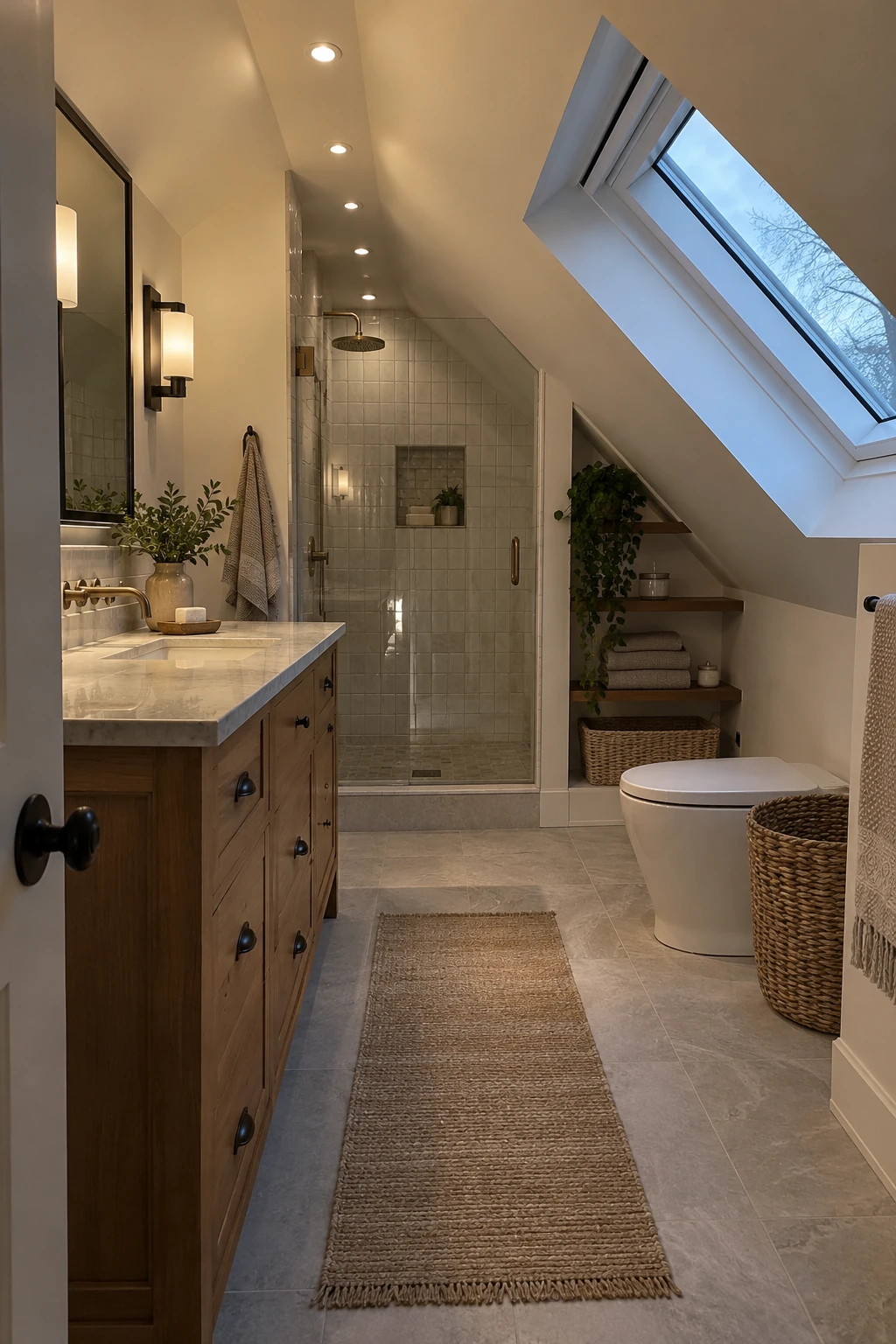 Attic bathroom with small ridge downlights and balanced vanity sconces