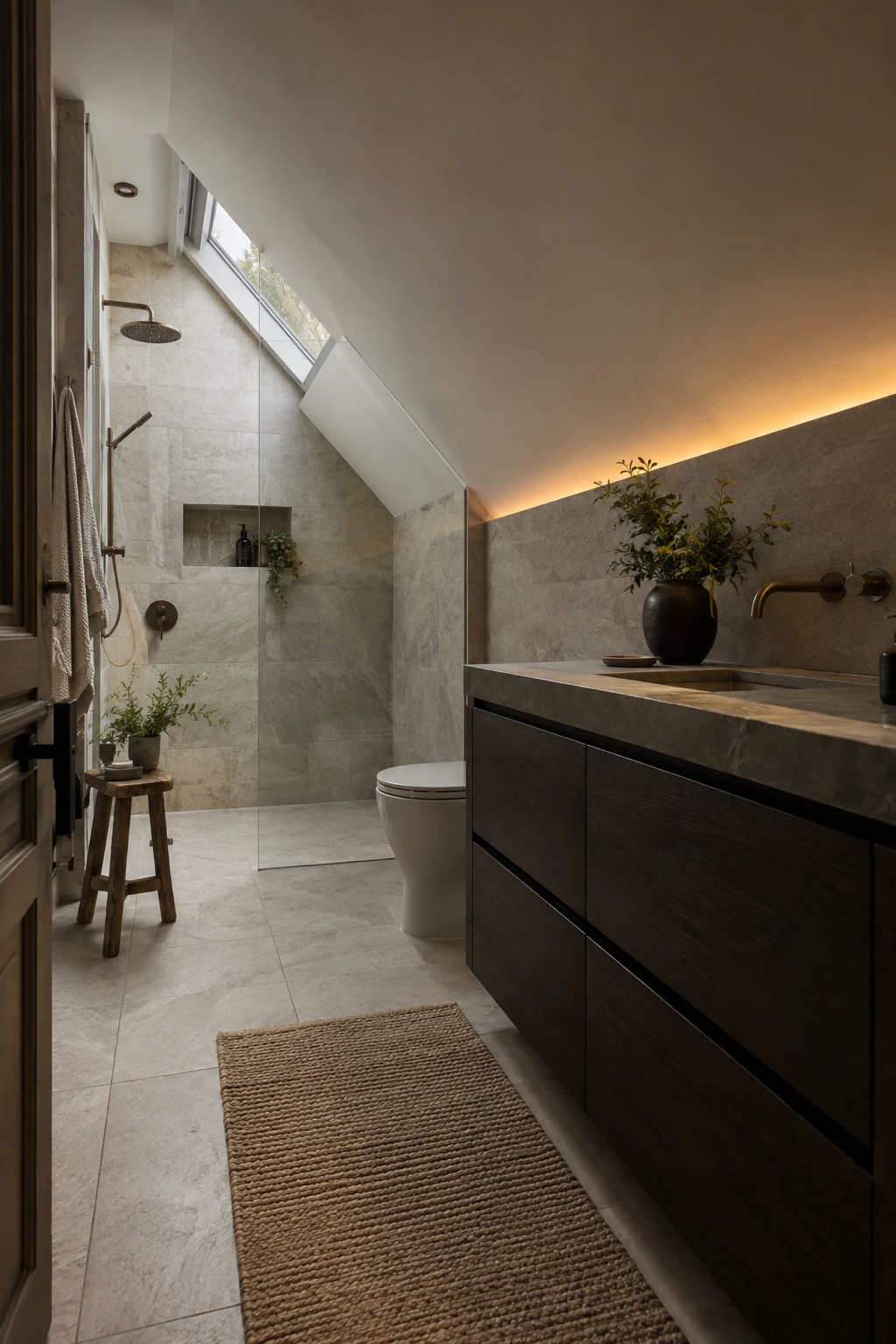 Attic bathroom with concealed indirect light grazing a sloped ceiling