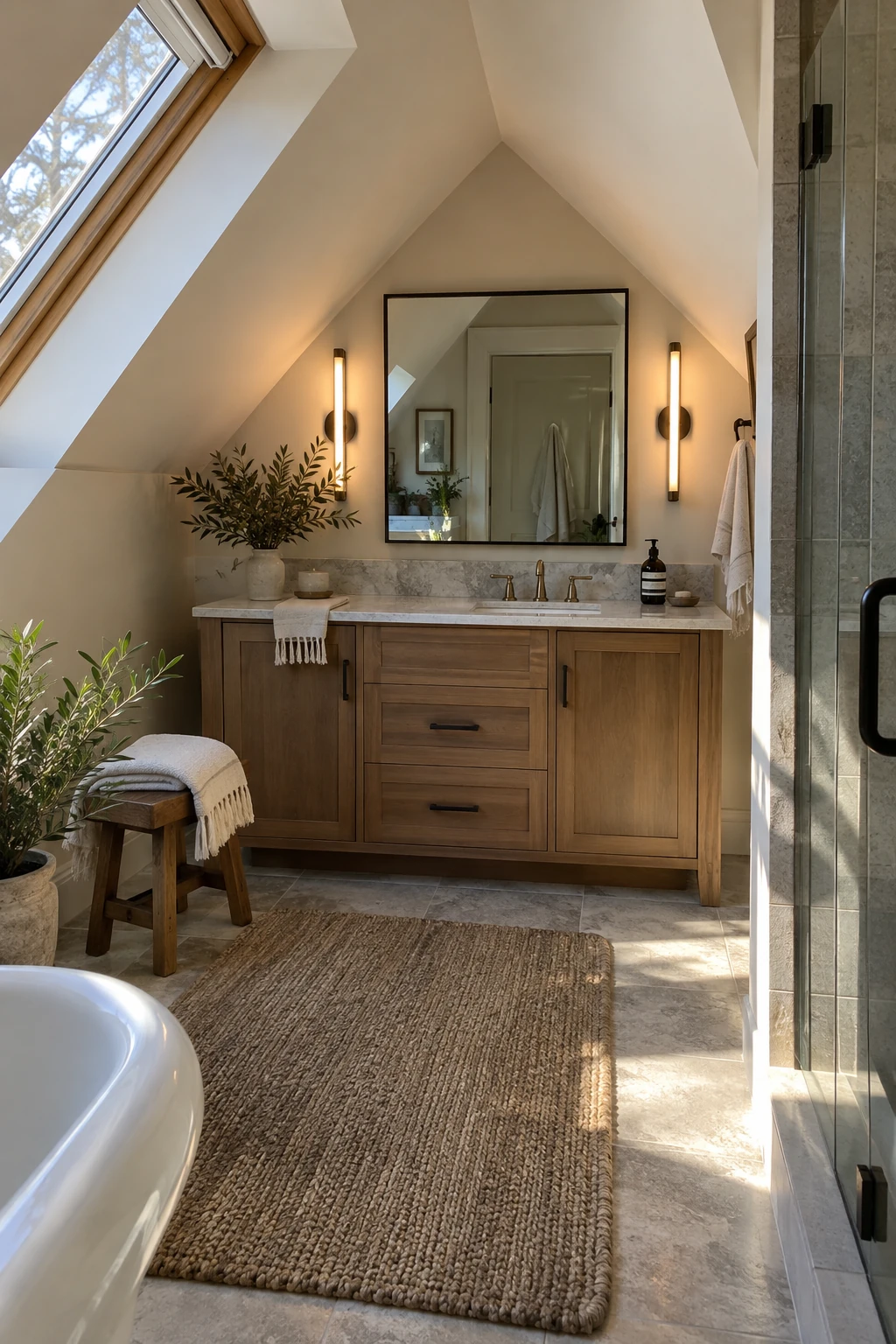 Attic vanity mirror with vertical task lights on both sides