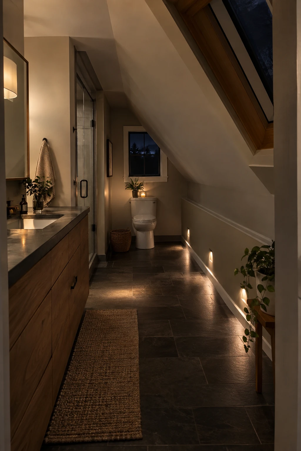 Attic bathroom with soft low-level night lights along the knee wall