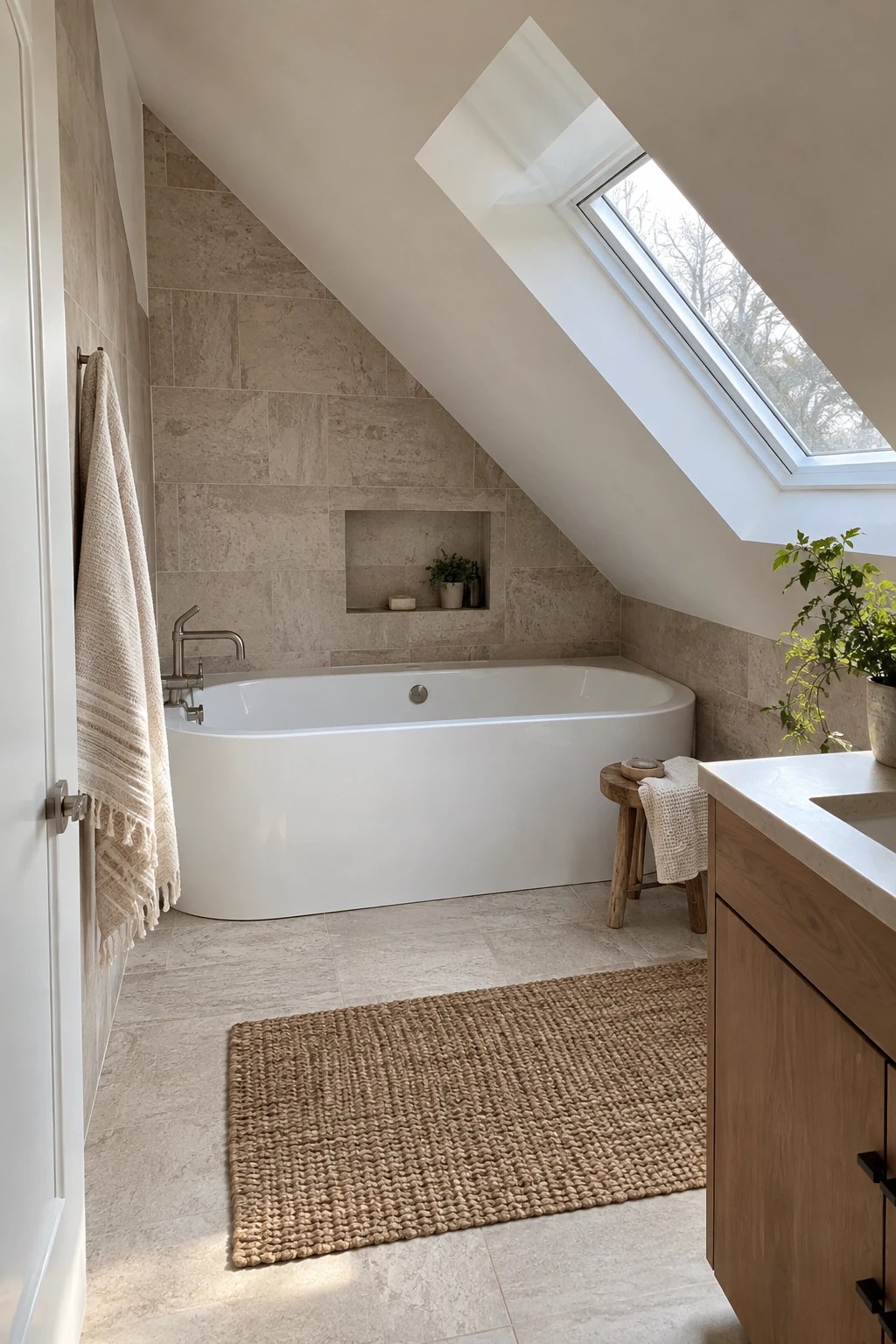 Low-profile back-to-wall bathtub beneath an attic slope