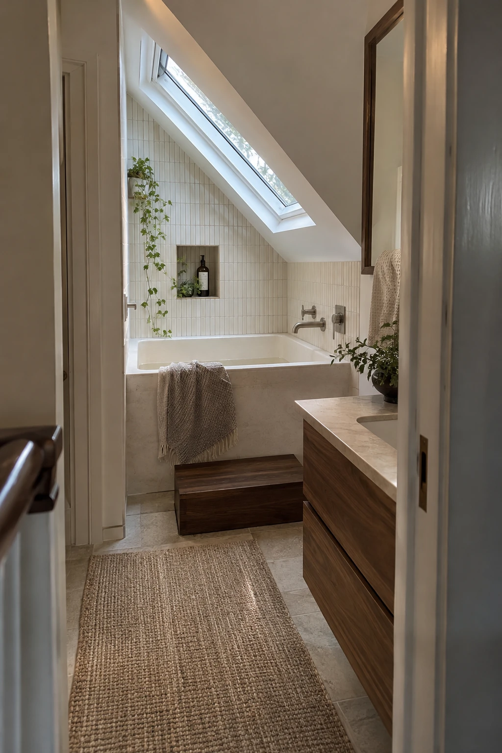 Compact deep soaking tub in a narrow attic bathroom