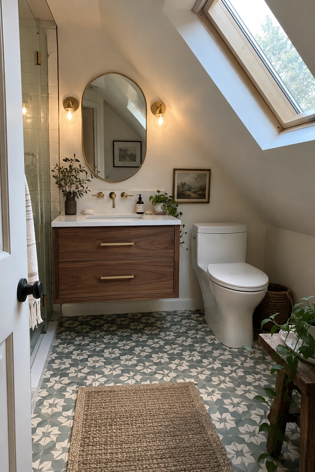 Wall-hung vanity opening the floor in a compact attic bathroom