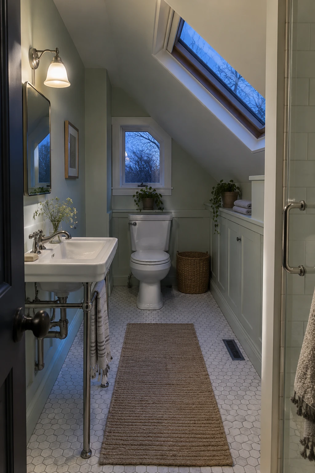 Shallow console sink preserving a narrow attic bathroom aisle