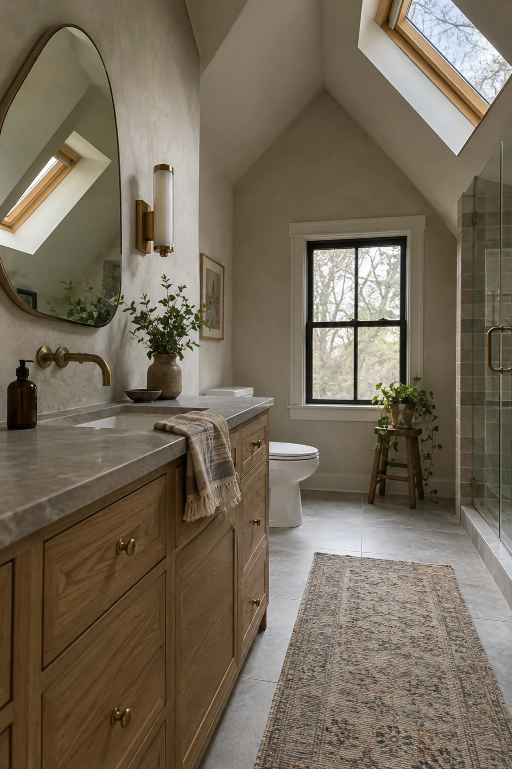 Attic vanity with a wall-mounted faucet and slim countertop