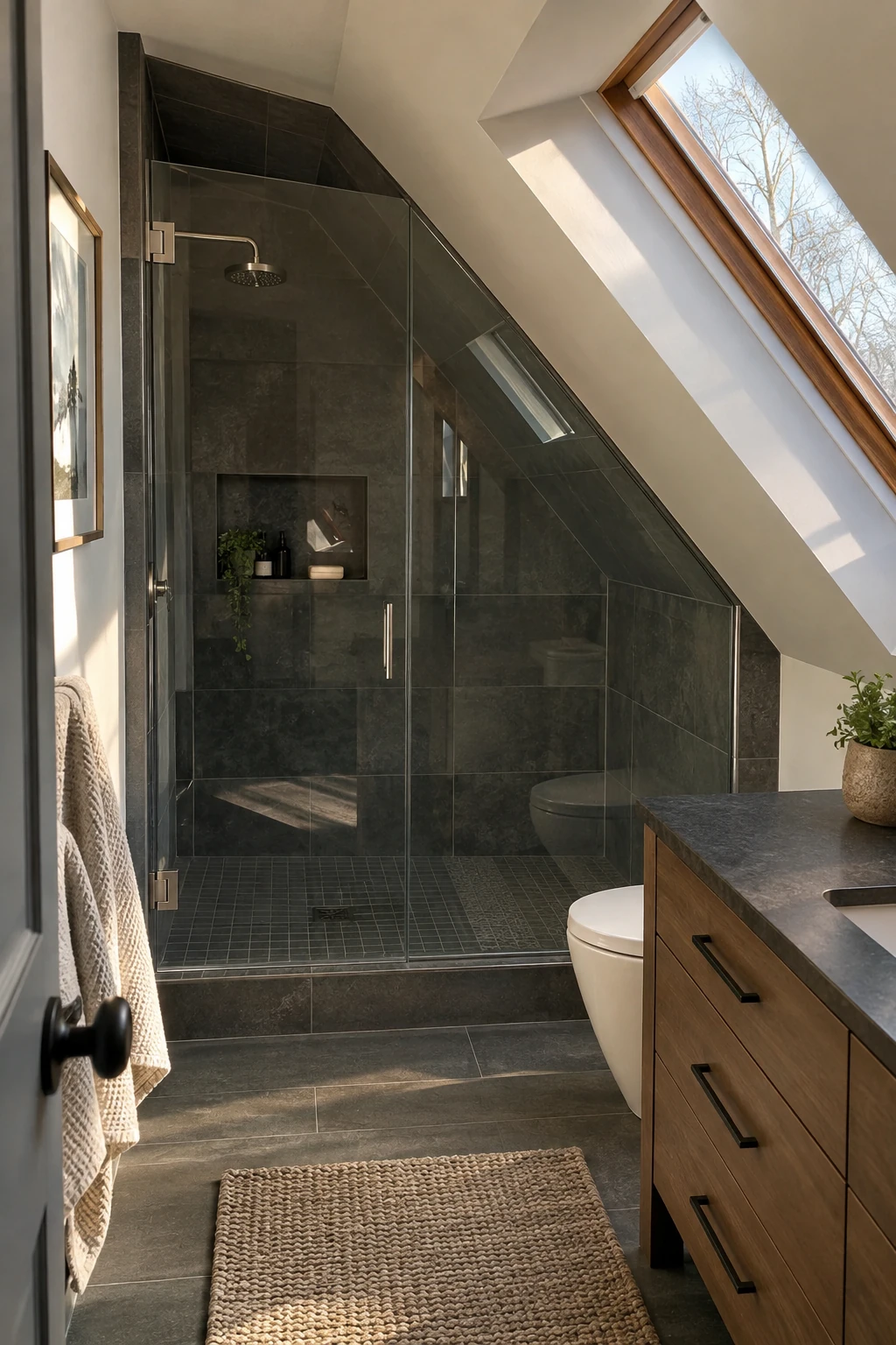 Custom frameless shower glass cut to an attic roof slope