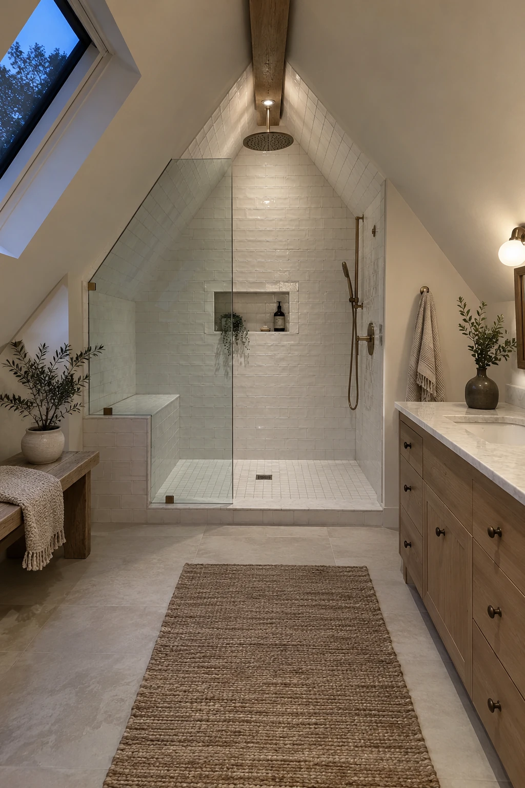 Attic walk-in shower with a fixed half-height glass screen