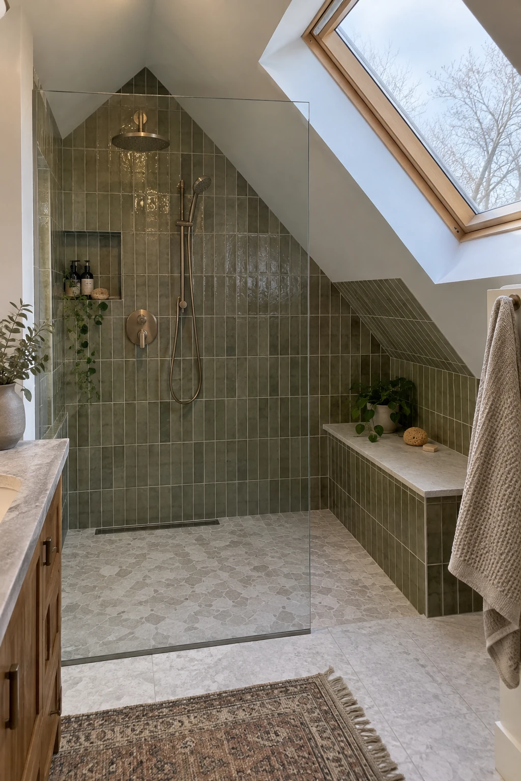 Attic shower with a tiled bench beneath the lower roof slope