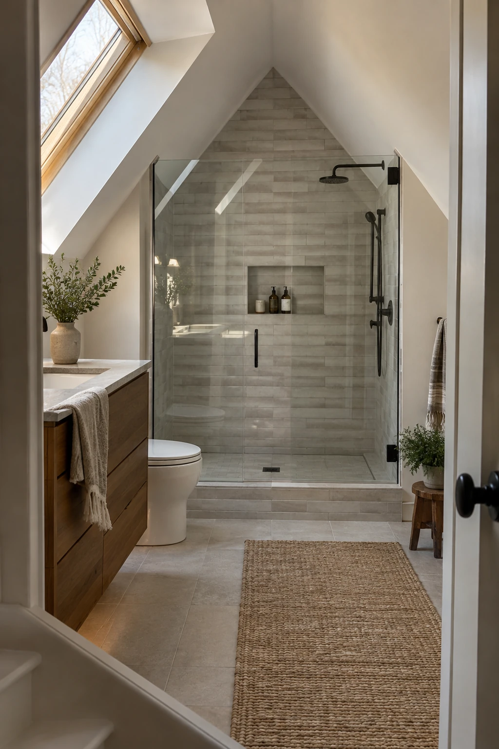 Attic shower niche recessed into a full-height gable wall