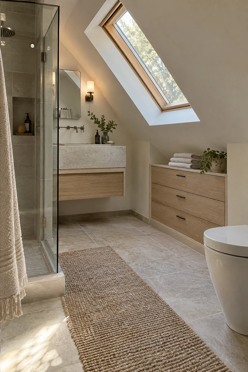 Attic bathroom with wide drawers built into the knee wall
