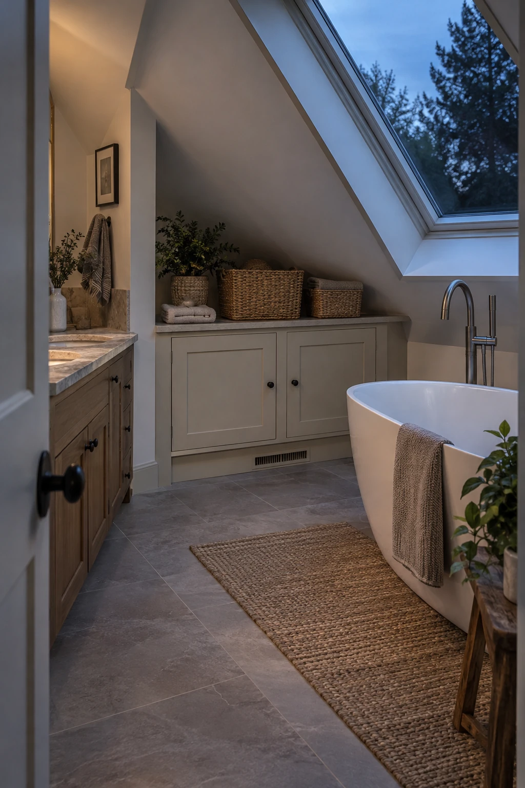Low fitted linen cabinet under an attic bathroom roof slope