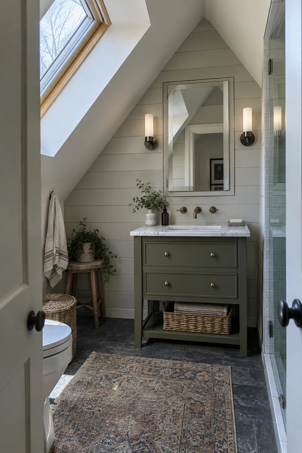 Recessed mirrored medicine cabinet on an attic gable wall