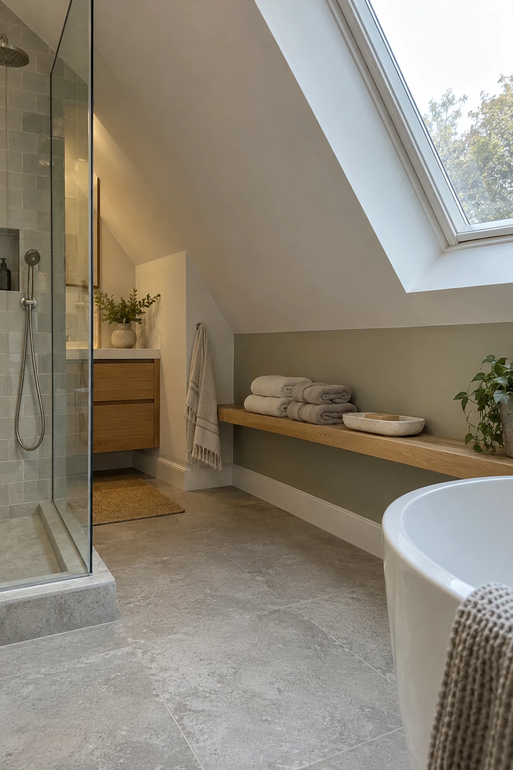 Long floating shelf following an attic bathroom knee wall